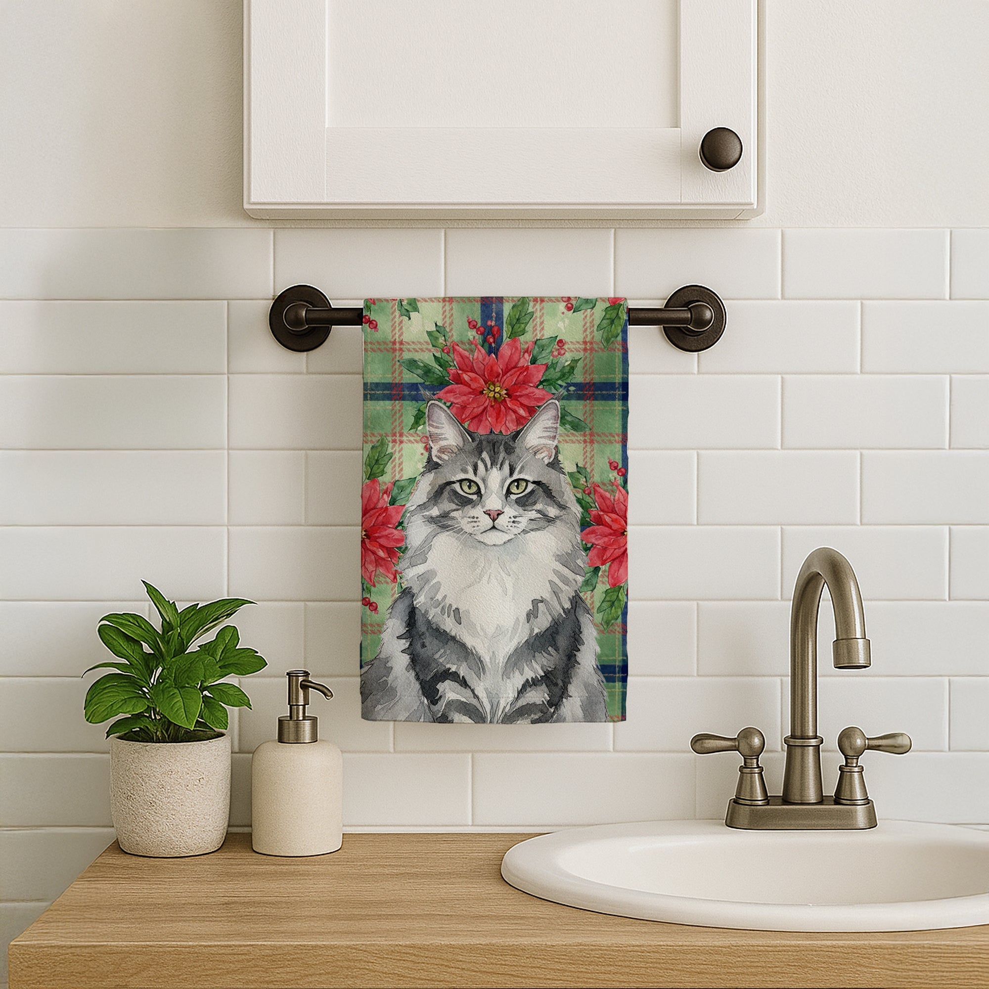 Norwegian Forest Cat Gray and White Cat with Poinsettias Kitchen Towel Velour Plush Front and Cotton Loop Back Machine Washable