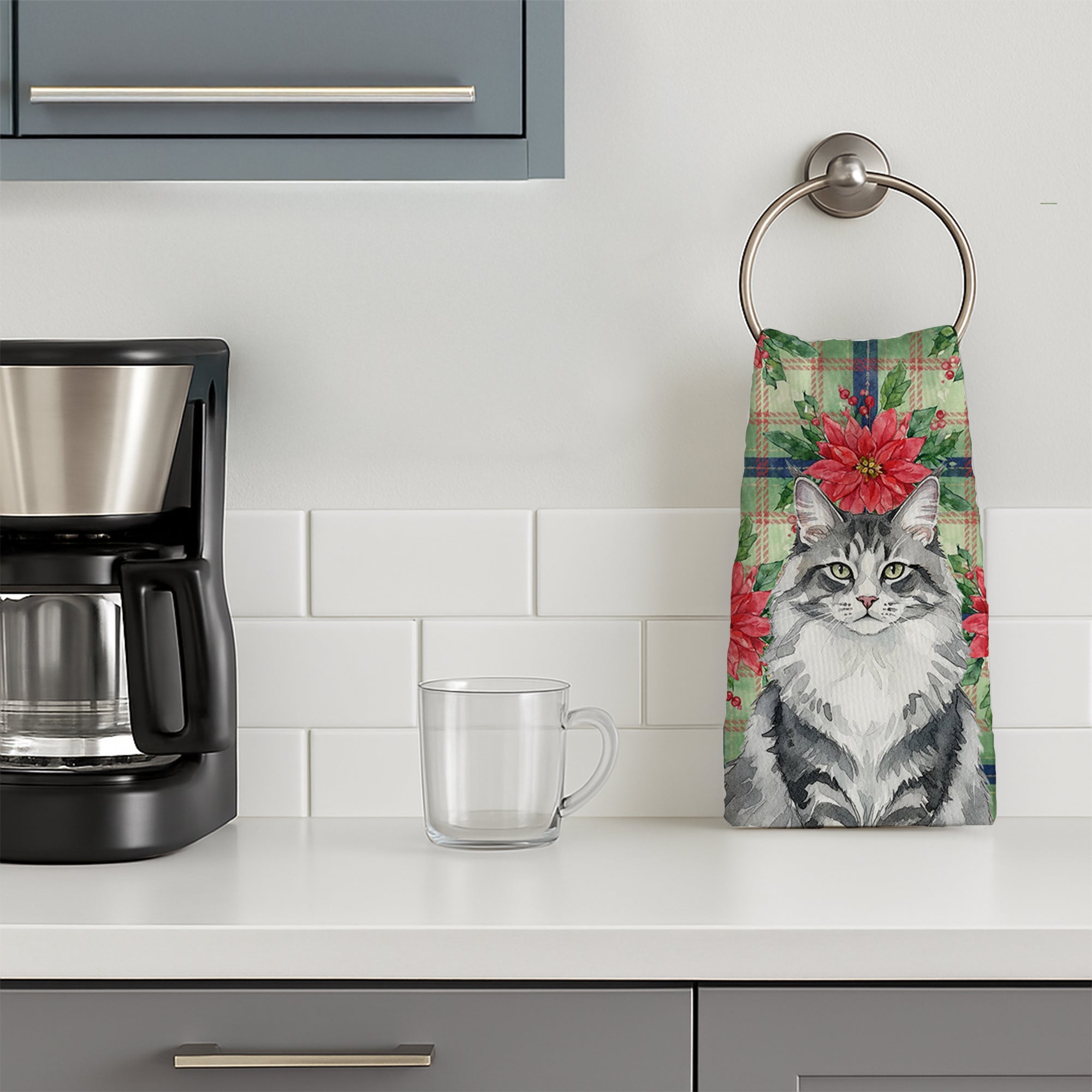 Norwegian Forest Cat Gray and White Cat with Poinsettias Kitchen Towel Velour Plush Front and Cotton Loop Back Machine Washable