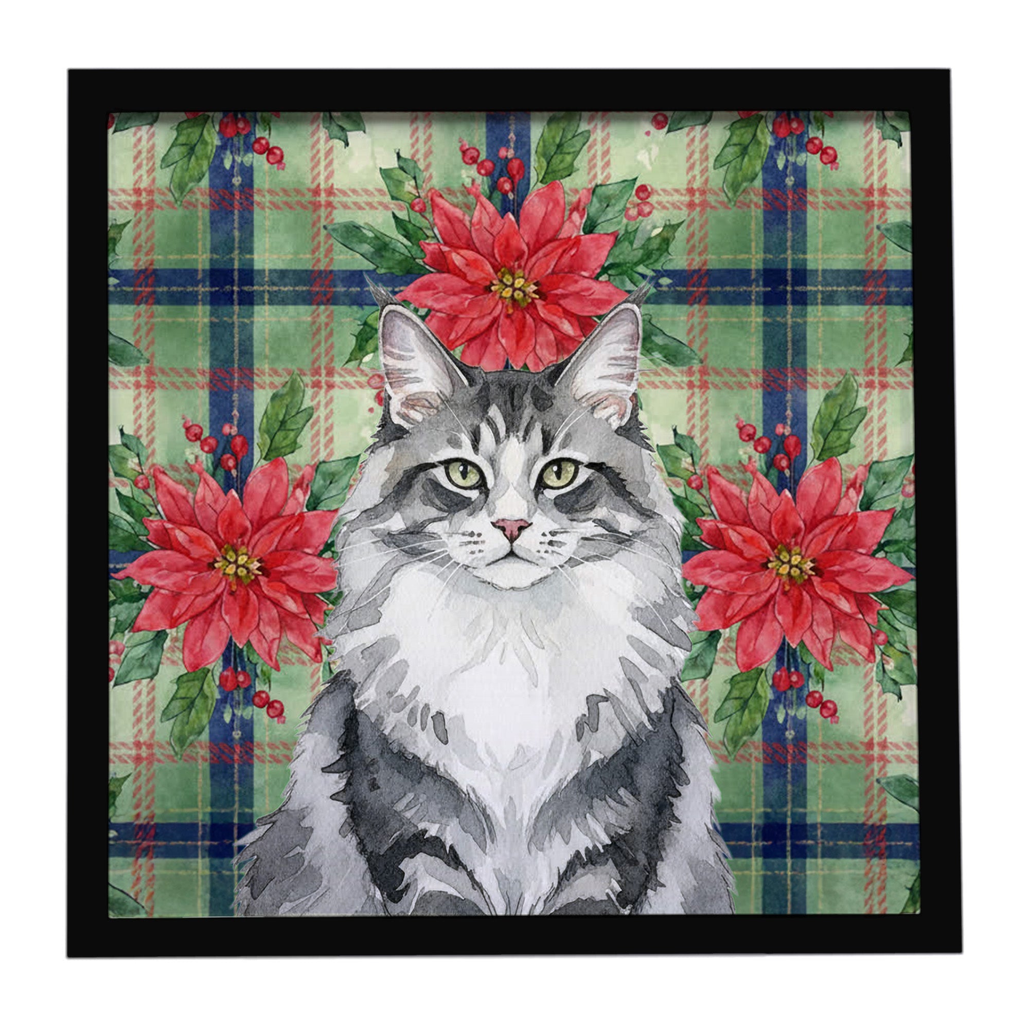 Norwegian Forest Cat Gray and White Cat with Poinsettias Framed Metal Print Bathroom, Kitchen, Office, Home Decor Wall Art Ready to Hang, Square, 8X8