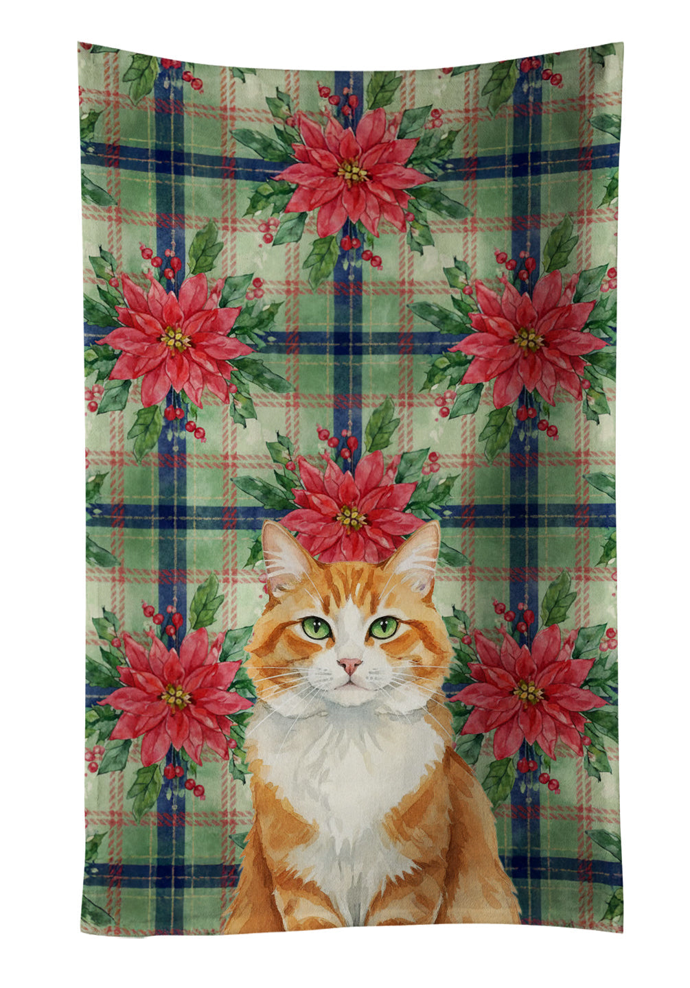 Orange and White Cat with Poinsettias Kitchen Towel Velour Plush Front and Cotton Loop Back Machine Washable
