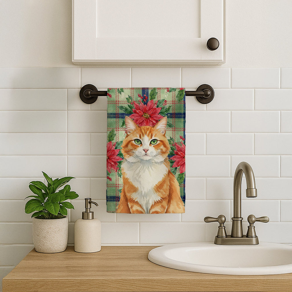 Orange and White Cat with Poinsettias Kitchen Towel Velour Plush Front and Cotton Loop Back Machine Washable