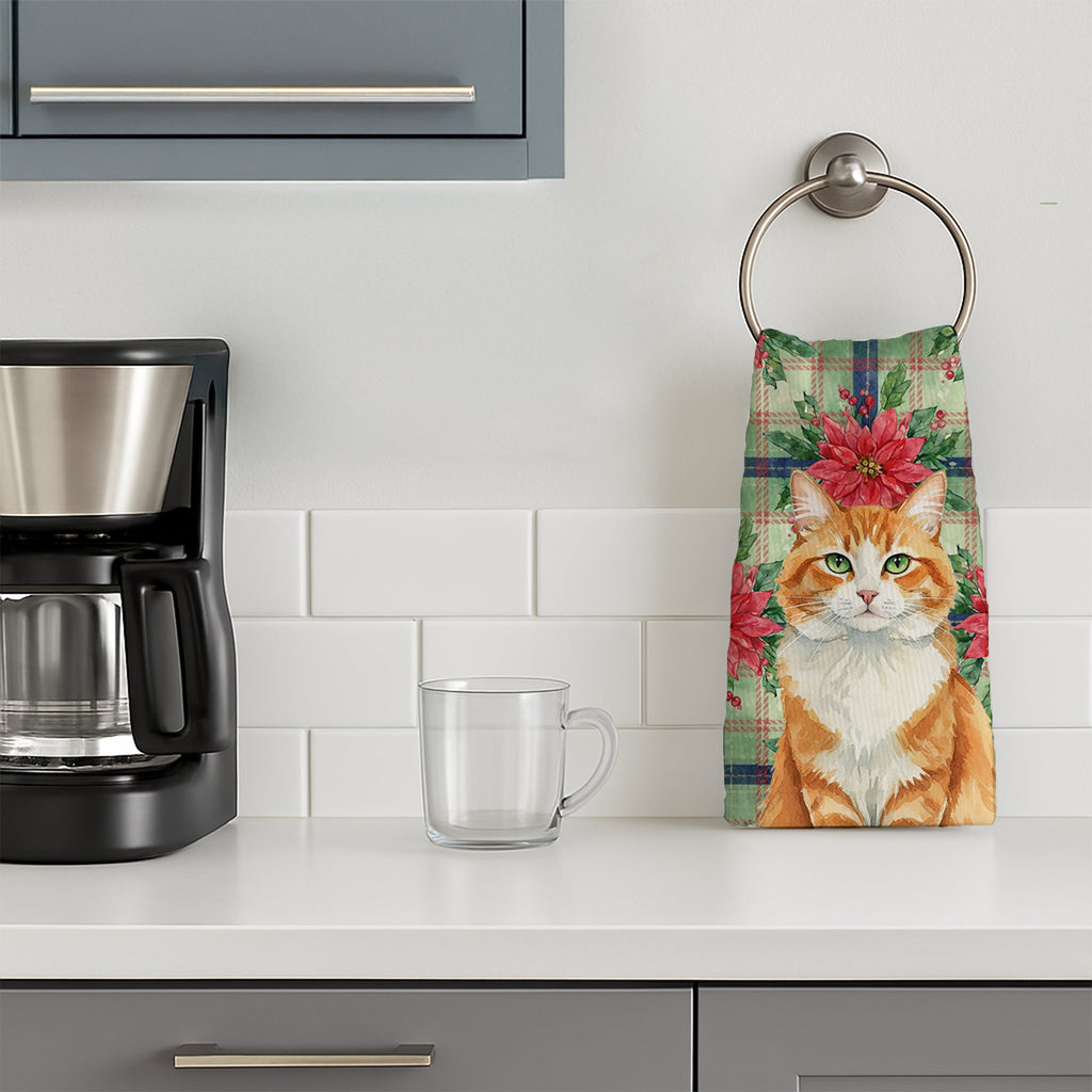 Orange and White Cat with Poinsettias Kitchen Towel Velour Plush Front and Cotton Loop Back Machine Washable