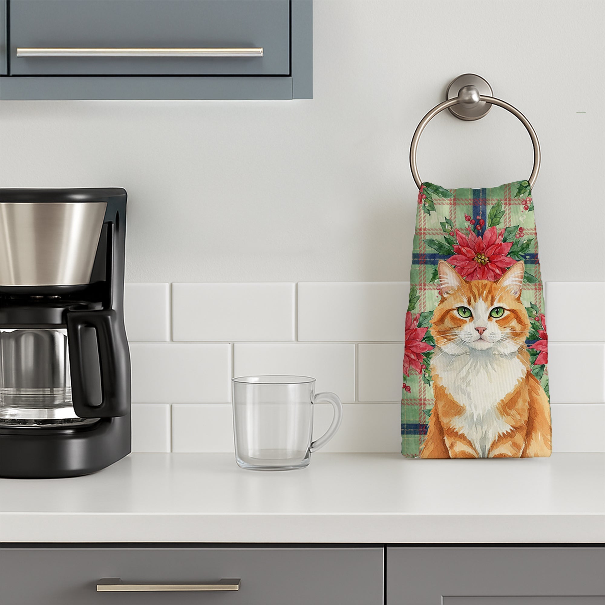Orange and White Cat with Poinsettias Kitchen Towel Velour Plush Front and Cotton Loop Back Machine Washable