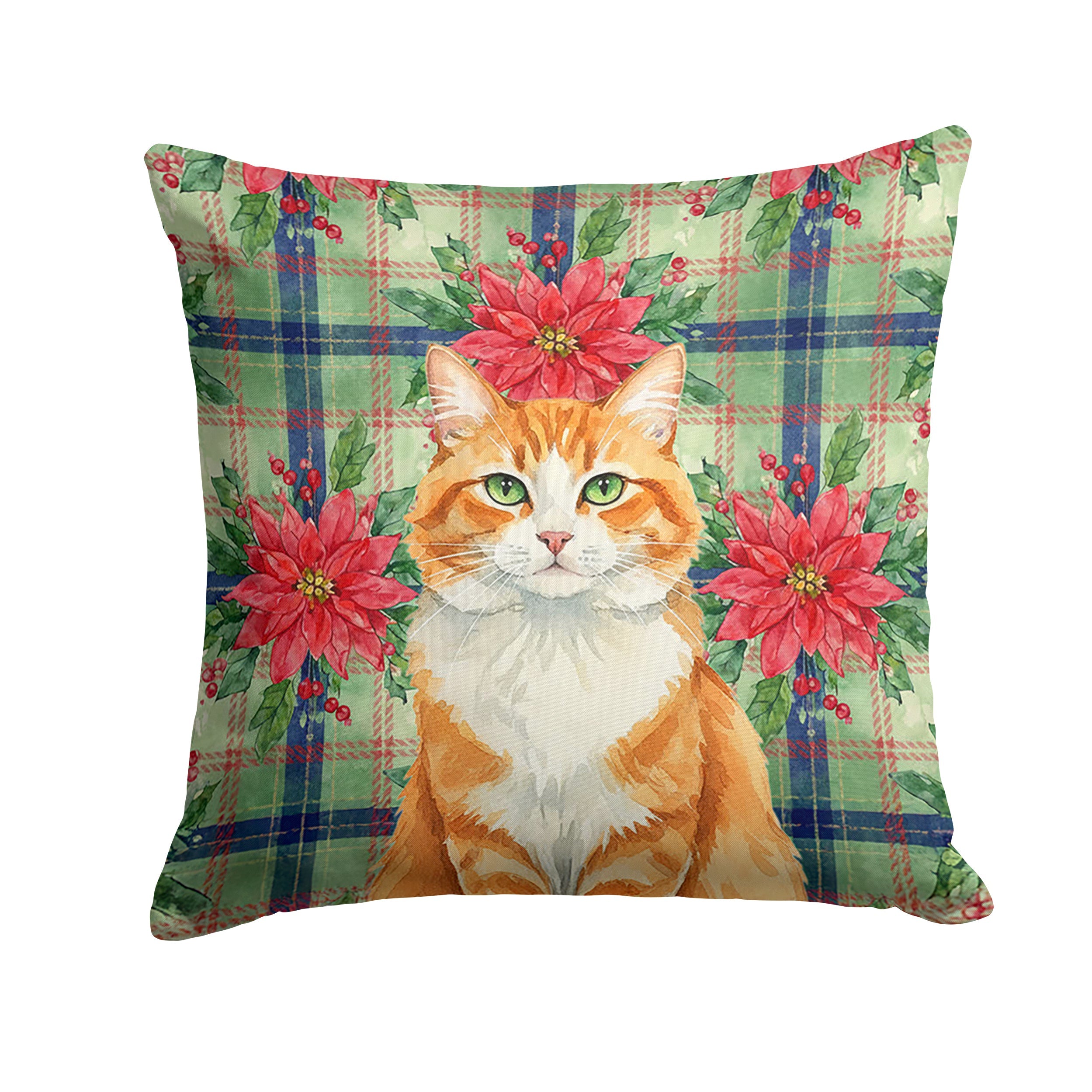 Orange and White Cat with Poinsettias Decorative Throw Pillow 14x14 Indoor Outdoor Accent Cushion, Fabric Cover with Insert for Sofa, Bed, Porch & Living Room