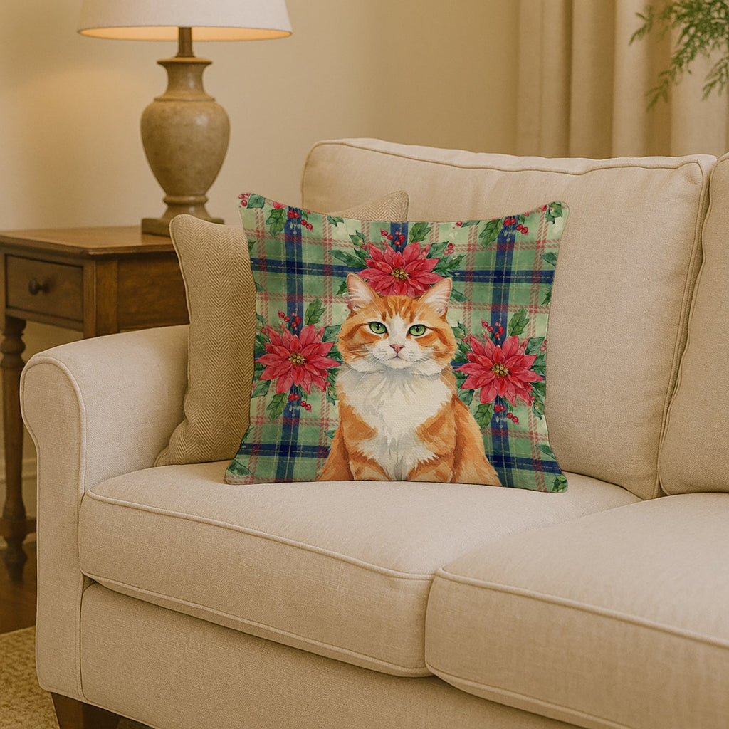 Orange and White Cat with Poinsettias Decorative Throw Pillow 14x14 Indoor Outdoor Accent Cushion, Fabric Cover with Insert for Sofa, Bed, Porch & Living Room