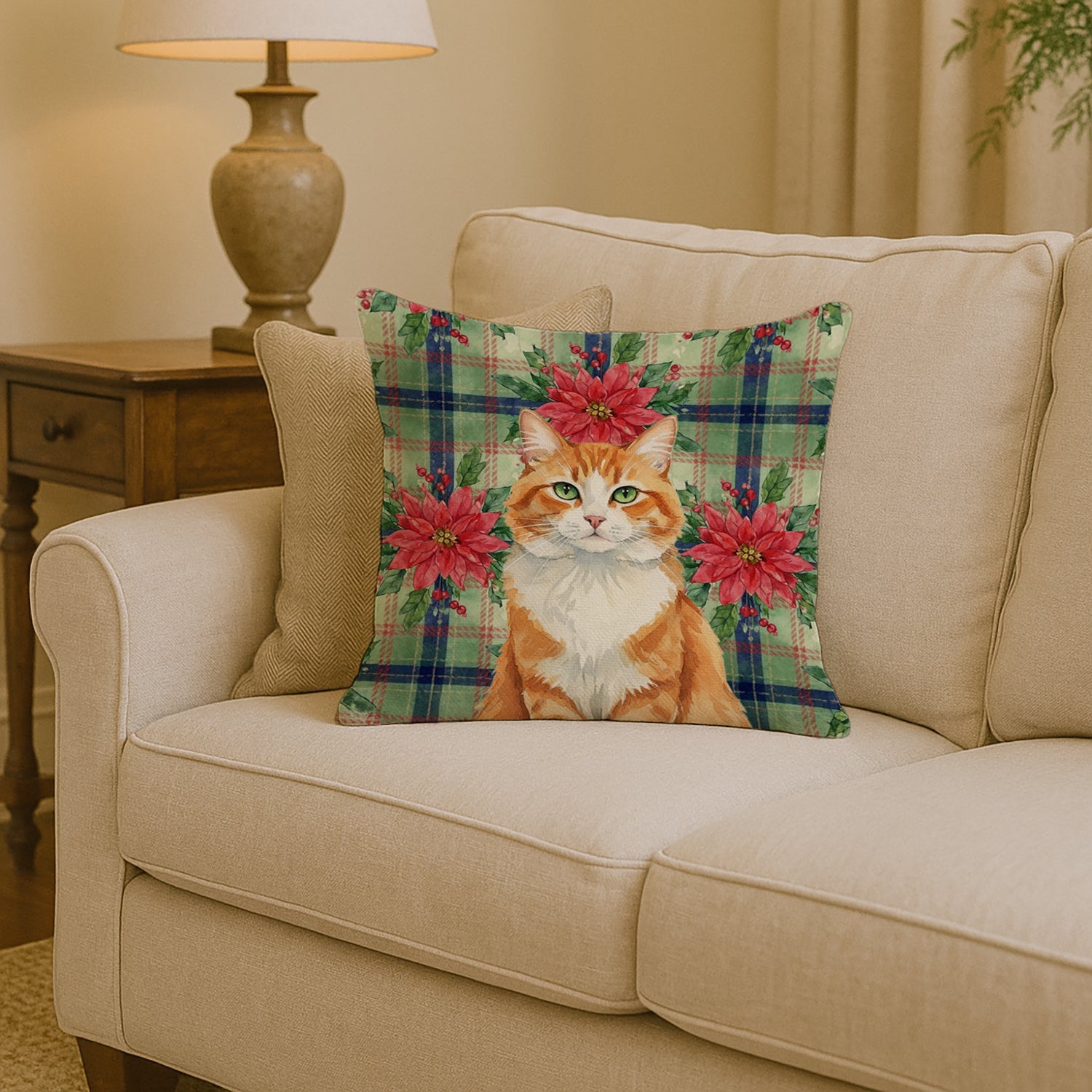 Orange and White Cat with Poinsettias Decorative Throw Pillow 14x14 Indoor Outdoor Accent Cushion, Fabric Cover with Insert for Sofa, Bed, Porch & Living Room