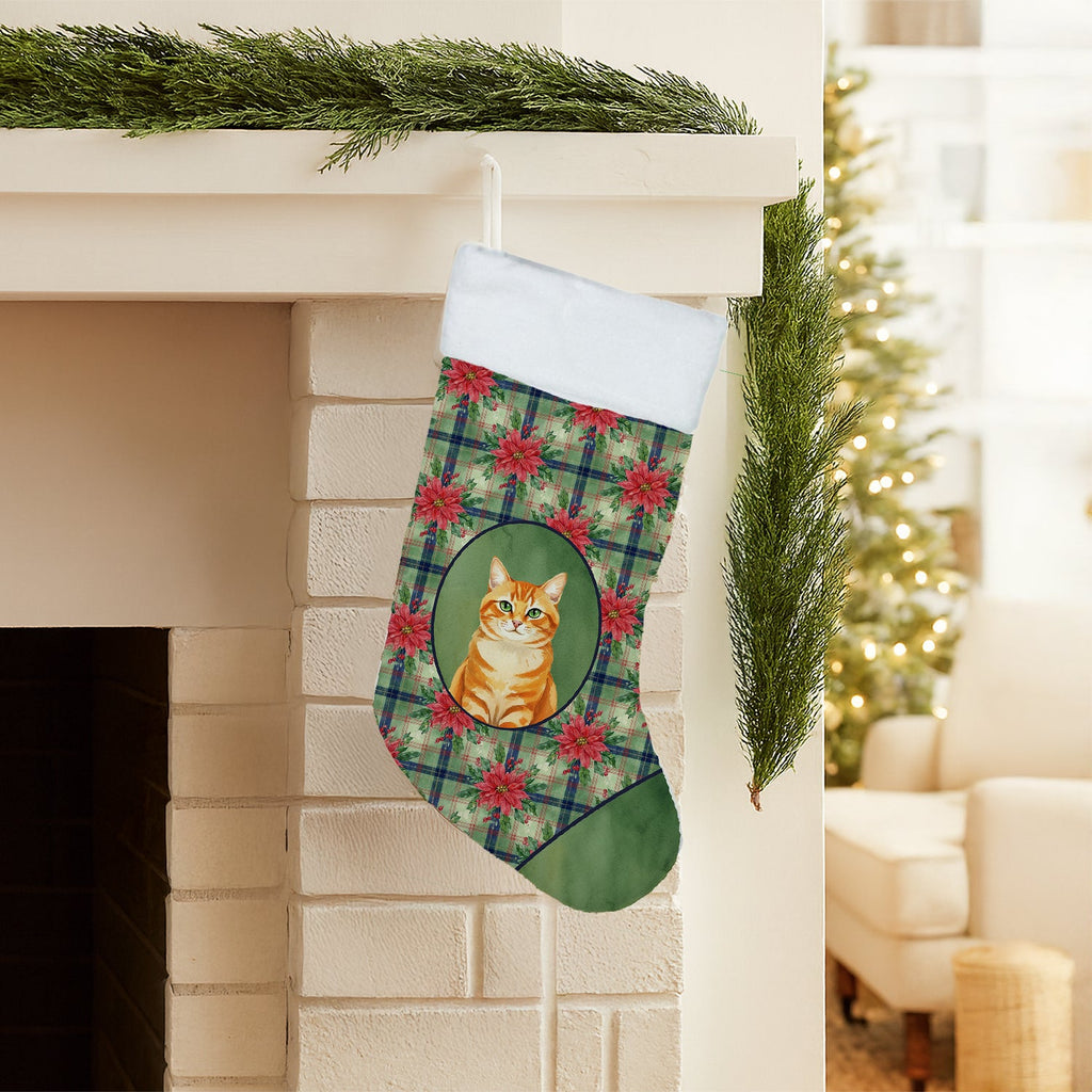 Orange Classic Tabby Cat with Poinsettias Holiday Stocking Double-Sided Print, Polyester Suede,11x18, Made in USA