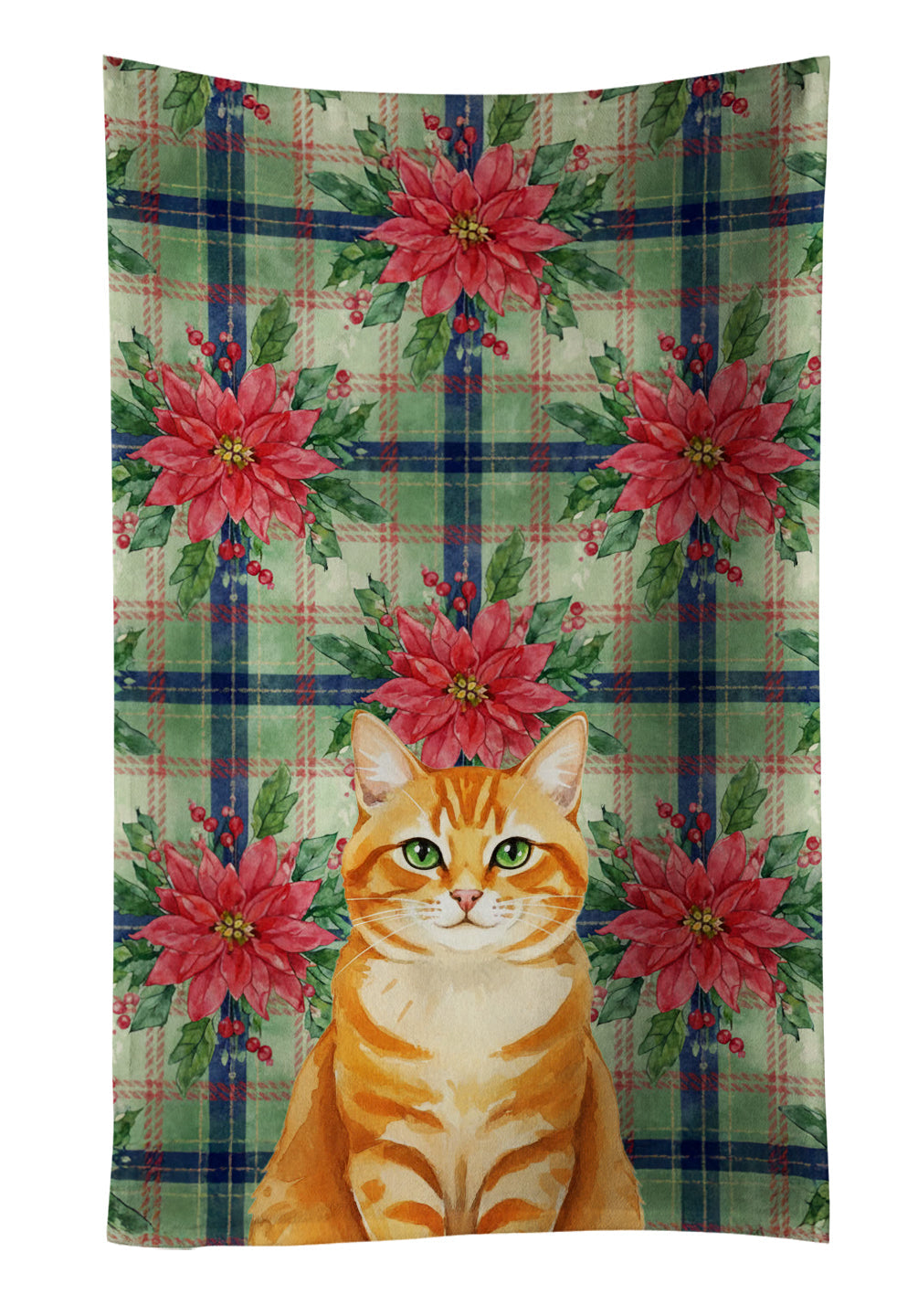 Orange Classic Tabby Cat with Poinsettias Kitchen Towel Velour Plush Front and Cotton Loop Back Machine Washable