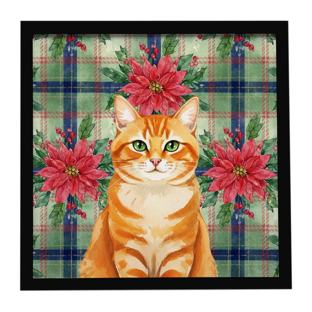 Orange Classic Tabby Cat with Poinsettias Framed Metal Print Bathroom, Kitchen, Office, Home Decor Wall Art Ready to Hang, Square, 8X8