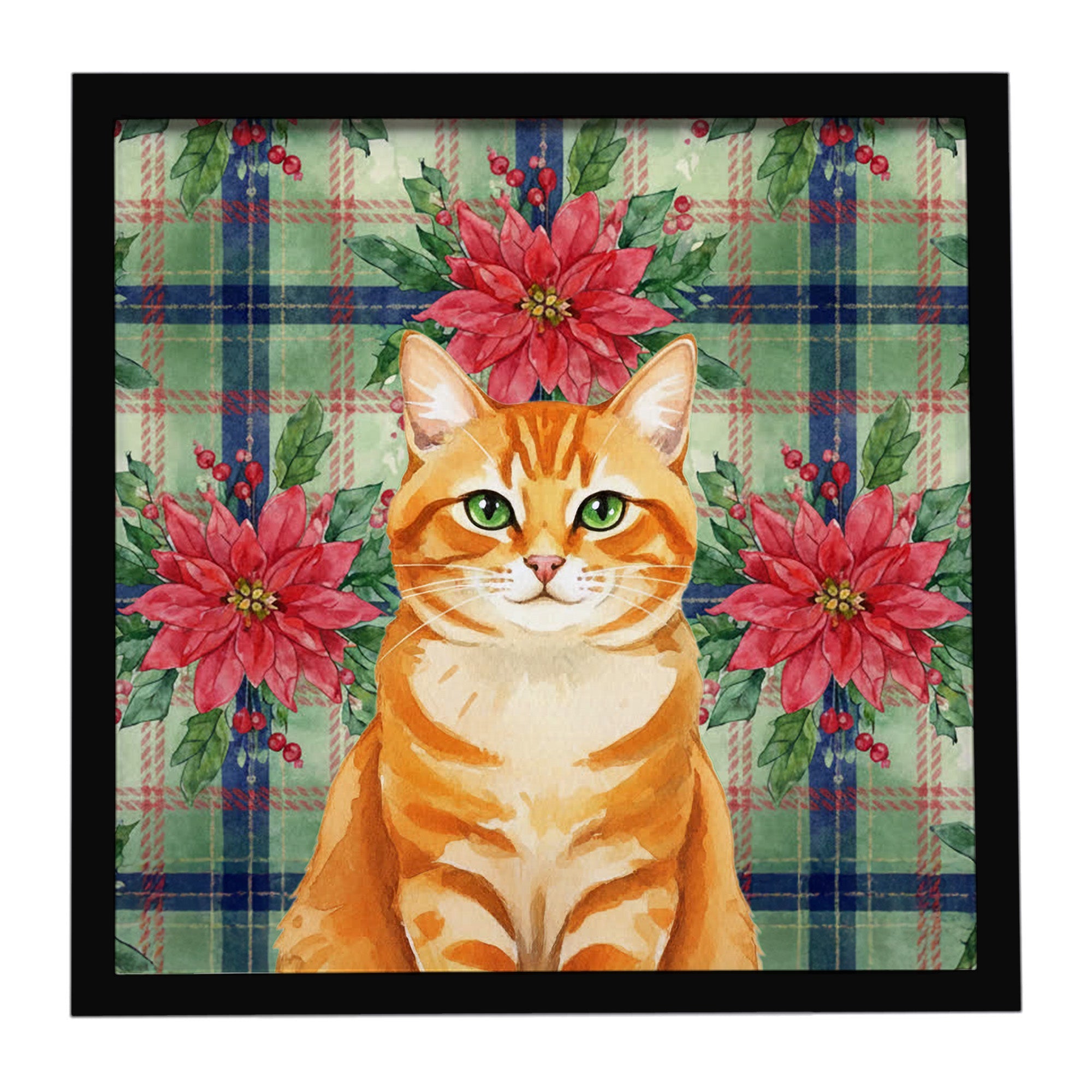 Orange Classic Tabby Cat with Poinsettias Framed Metal Print Bathroom, Kitchen, Office, Home Decor Wall Art Ready to Hang, Square, 8X8