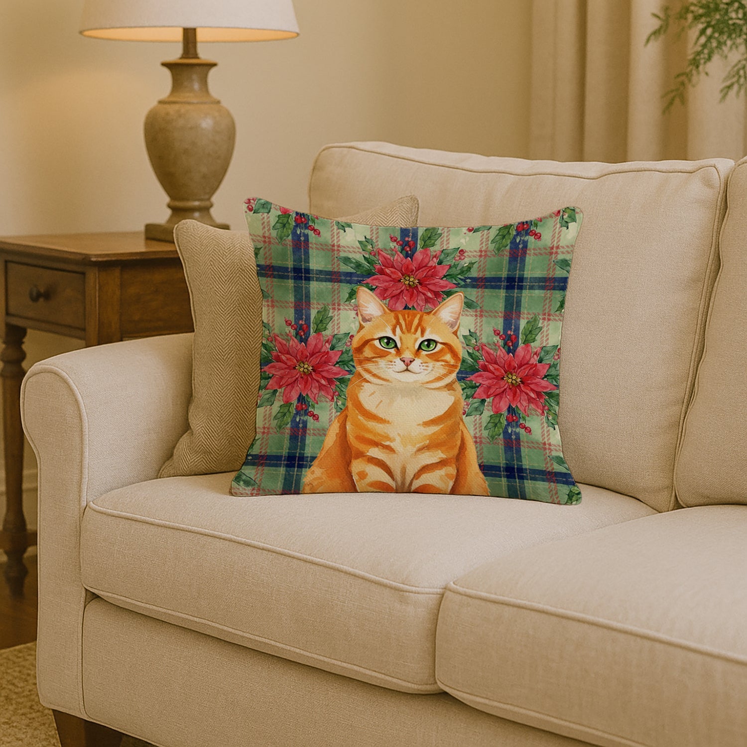 Orange Classic Tabby Cat with Poinsettias Decorative Throw Pillow 14x14 Indoor Outdoor Accent Cushion, Fabric Cover with Insert for Sofa, Bed, Porch & Living Room