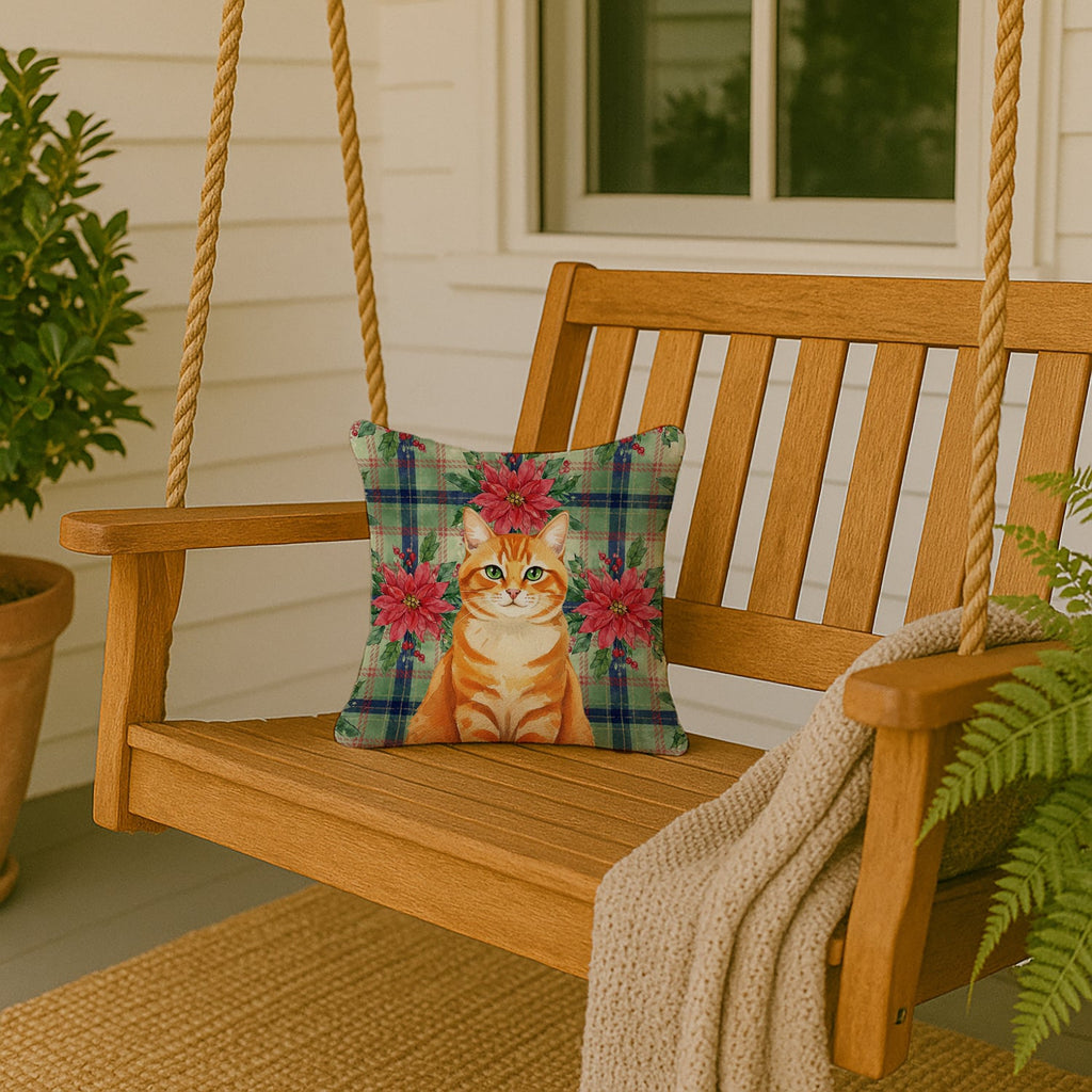 Orange Classic Tabby Cat with Poinsettias Decorative Throw Pillow 14x14 Indoor Outdoor Accent Cushion, Fabric Cover with Insert for Sofa, Bed, Porch & Living Room