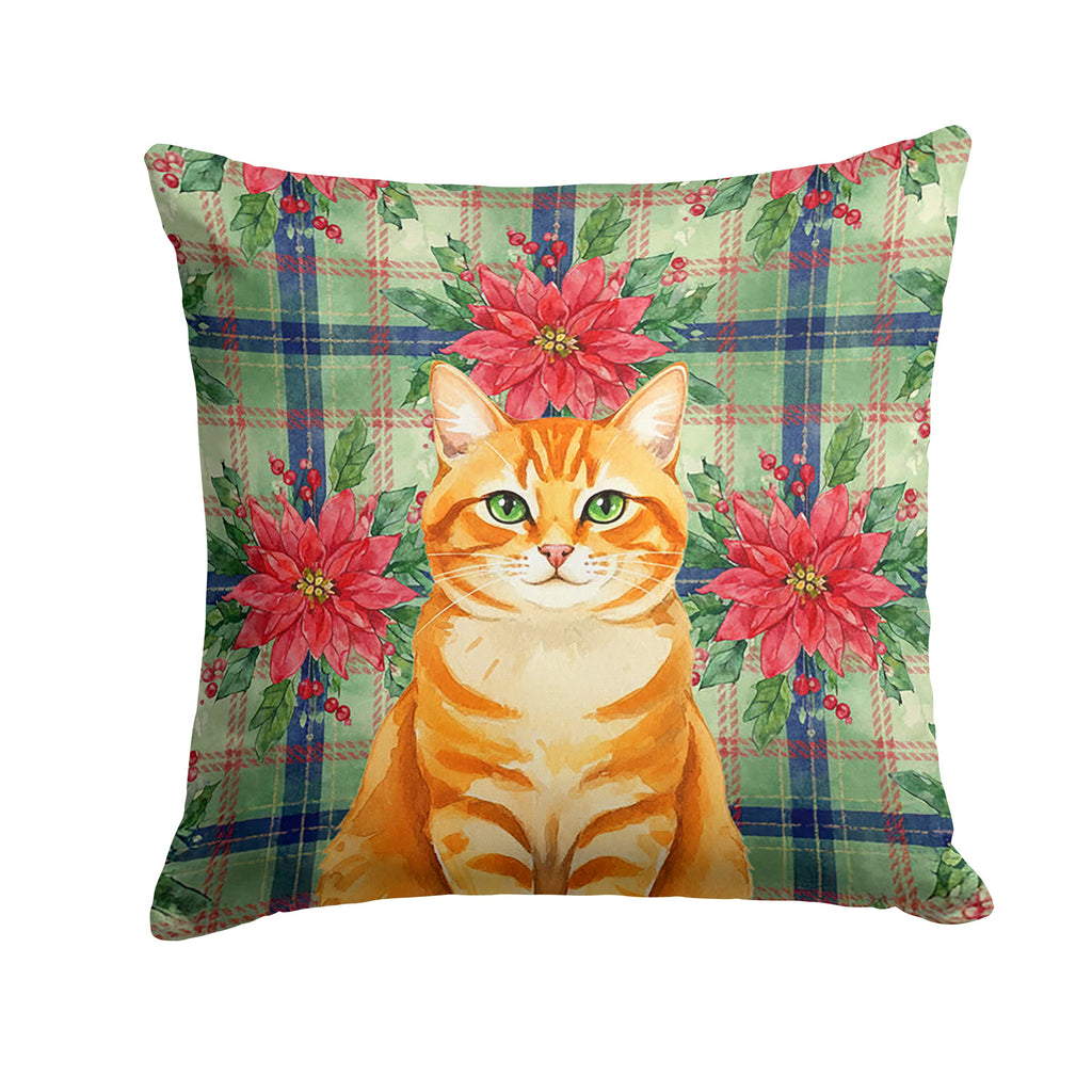 Orange Classic Tabby Cat with Poinsettias Decorative Throw Pillow 18x18 Indoor Outdoor Accent Cushion, Fabric Cover with Insert for Sofa, Bed, Porch & Living Room