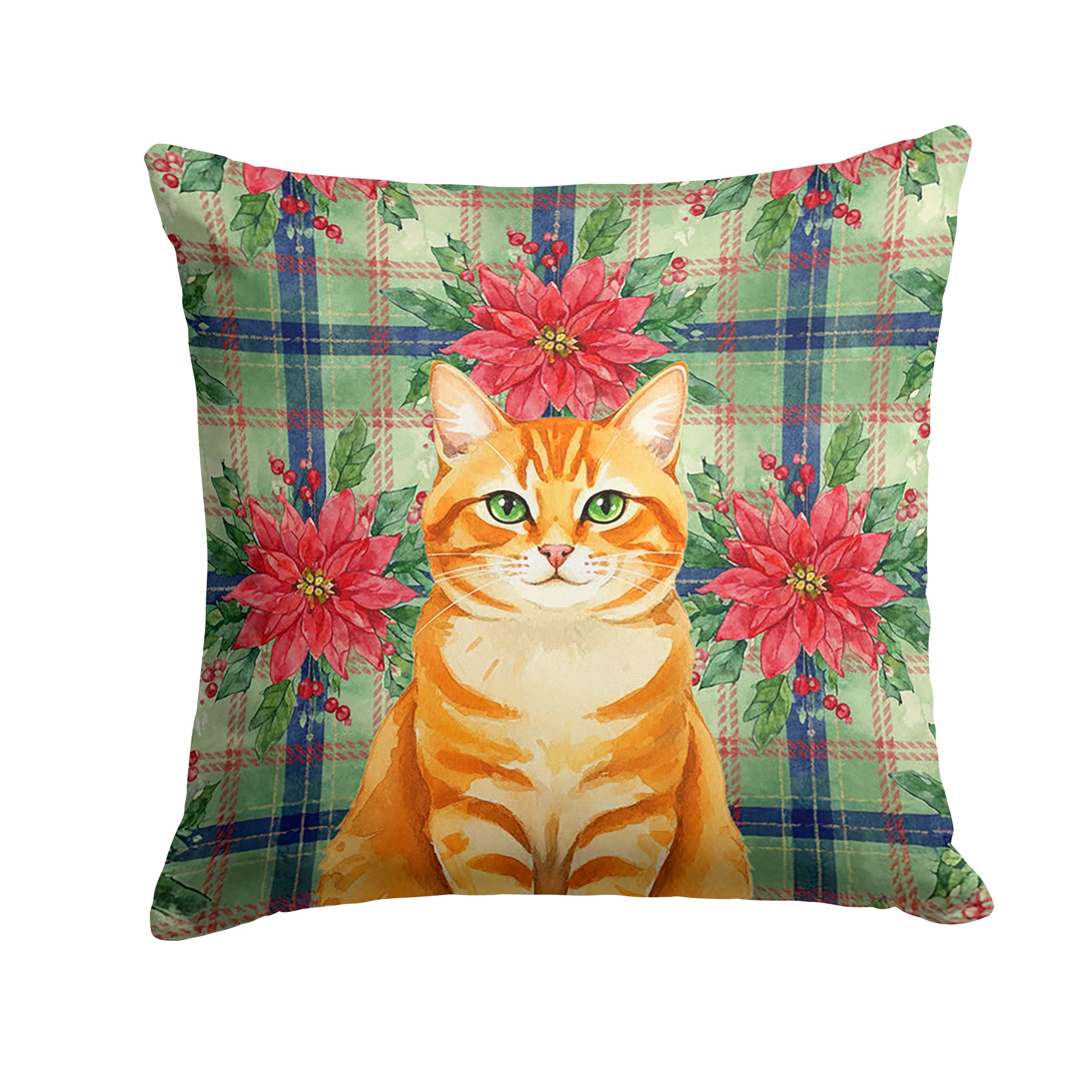 Orange Classic Tabby Cat with Poinsettias Decorative Throw Pillow 18x18 Indoor Outdoor Accent Cushion, Fabric Cover with Insert for Sofa, Bed, Porch & Living Room