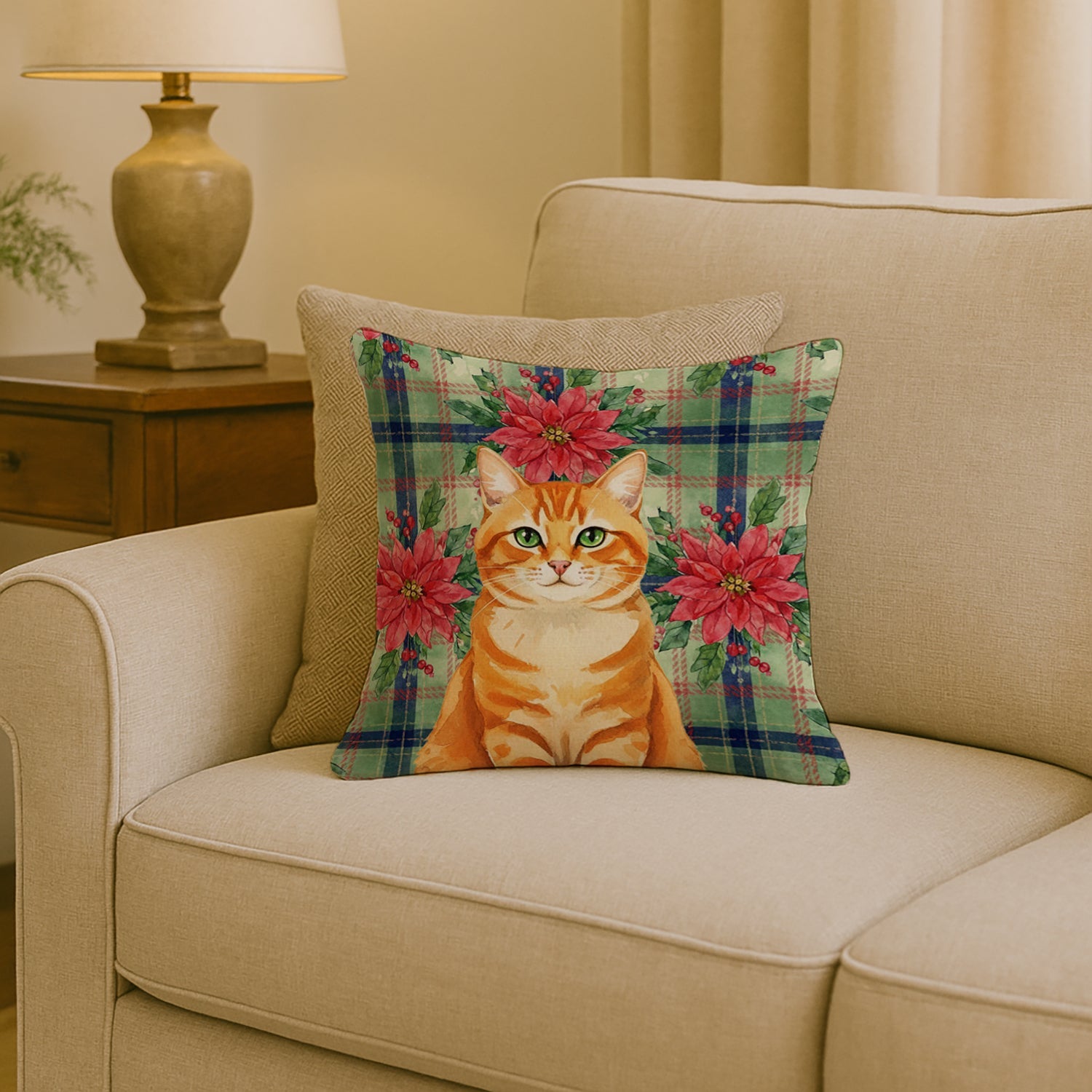Orange Classic Tabby Cat with Poinsettias Decorative Throw Pillow 18x18 Indoor Outdoor Accent Cushion, Fabric Cover with Insert for Sofa, Bed, Porch & Living Room