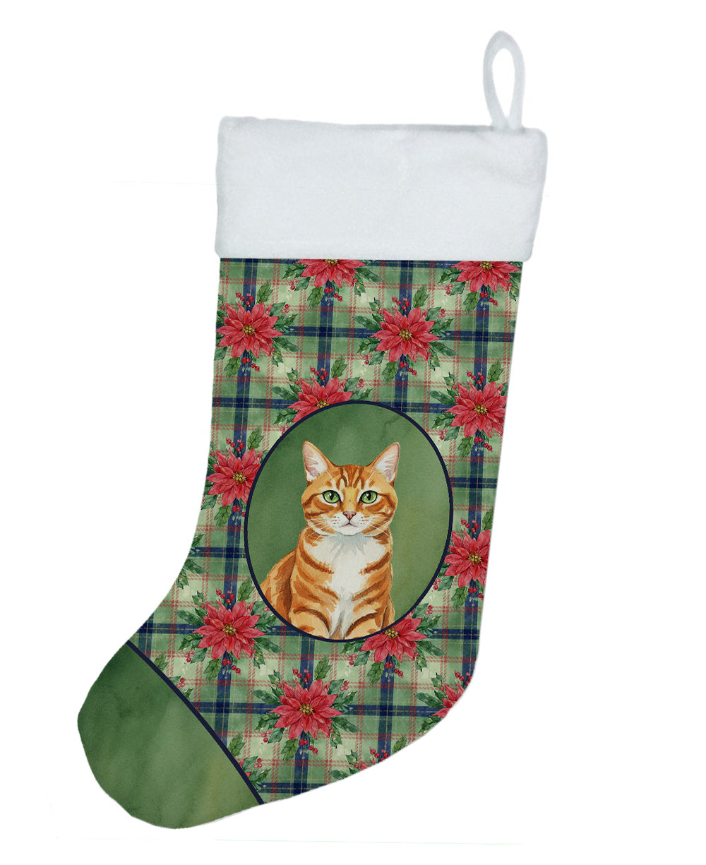 Orange Mackerel Tabby Cat with Poinsettias Holiday Stocking Double-Sided Print, Polyester Suede,11x18, Made in USA