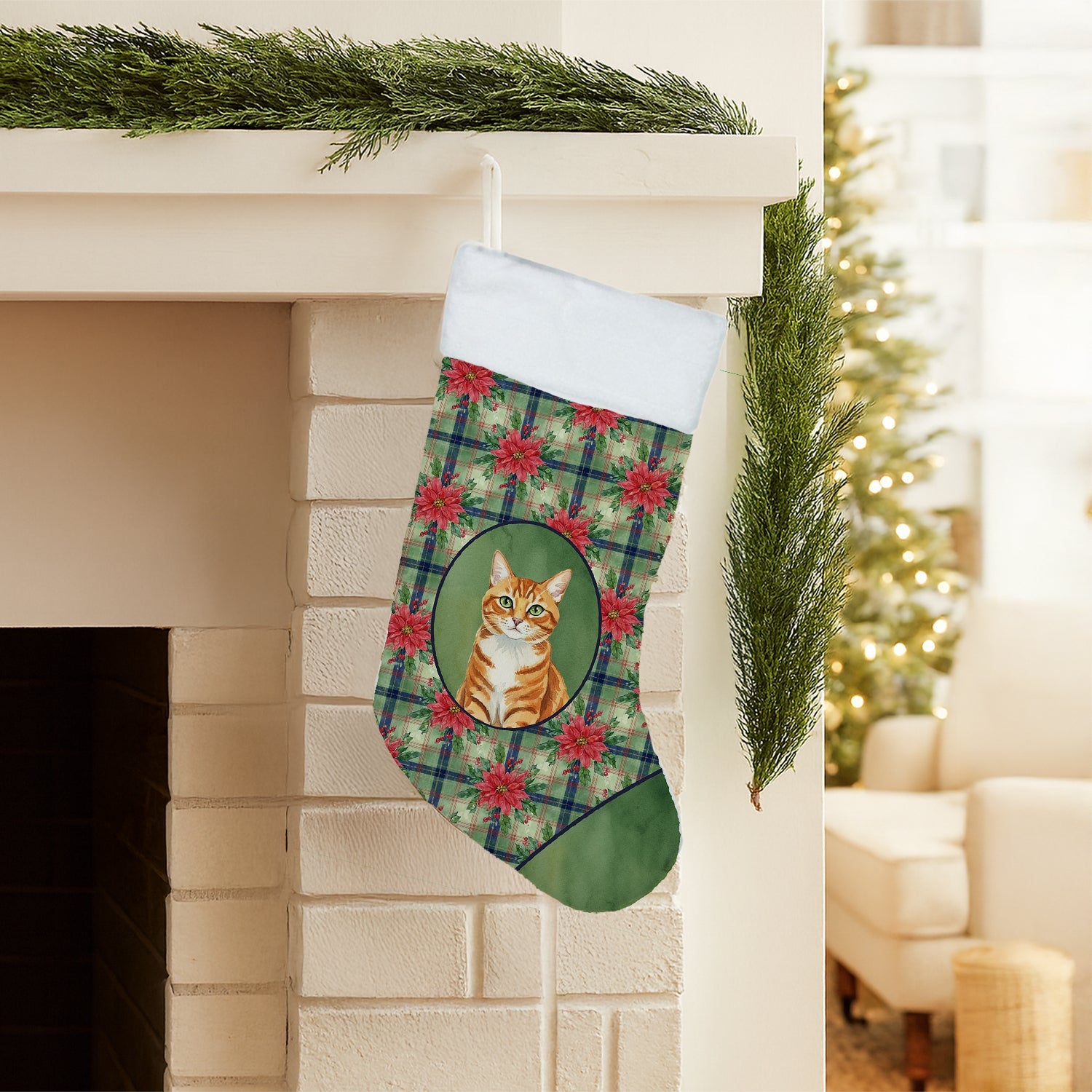 Orange Mackerel Tabby Cat with Poinsettias Holiday Stocking Double-Sided Print, Polyester Suede,11x18, Made in USA