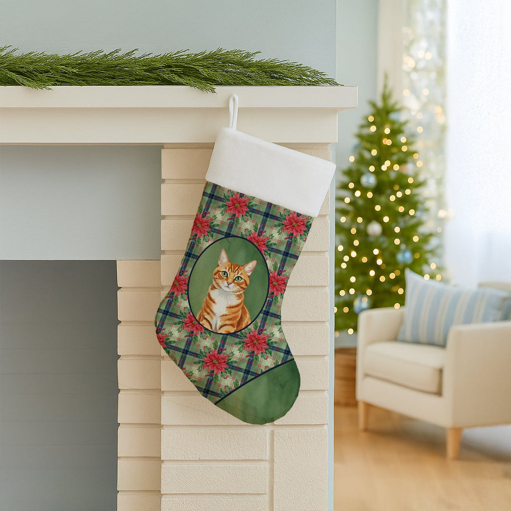 Orange Mackerel Tabby Cat with Poinsettias Holiday Stocking Double-Sided Print, Polyester Suede,11x18, Made in USA