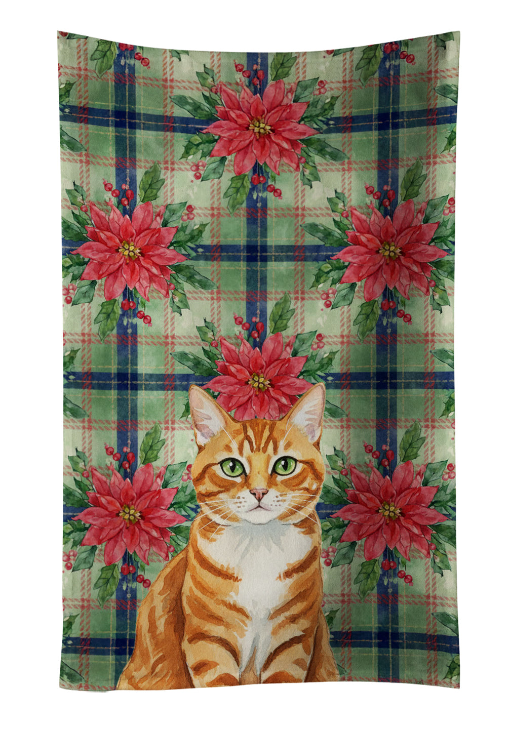 Orange Mackerel Tabby Cat with Poinsettias Kitchen Towel Velour Plush Front and Cotton Loop Back Machine Washable