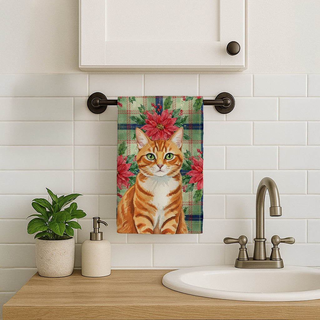 Orange Mackerel Tabby Cat with Poinsettias Kitchen Towel Velour Plush Front and Cotton Loop Back Machine Washable
