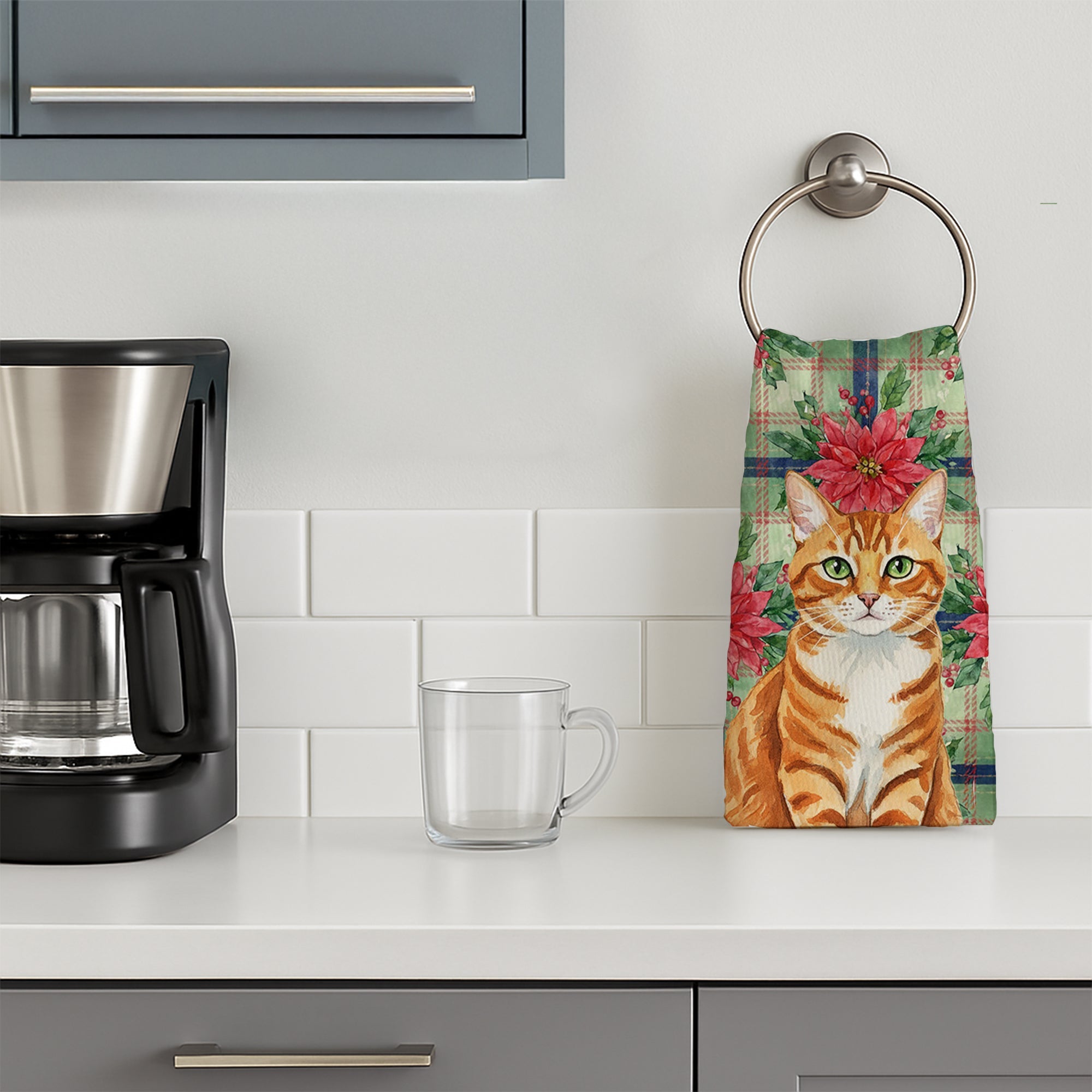 Orange Mackerel Tabby Cat with Poinsettias Kitchen Towel Velour Plush Front and Cotton Loop Back Machine Washable