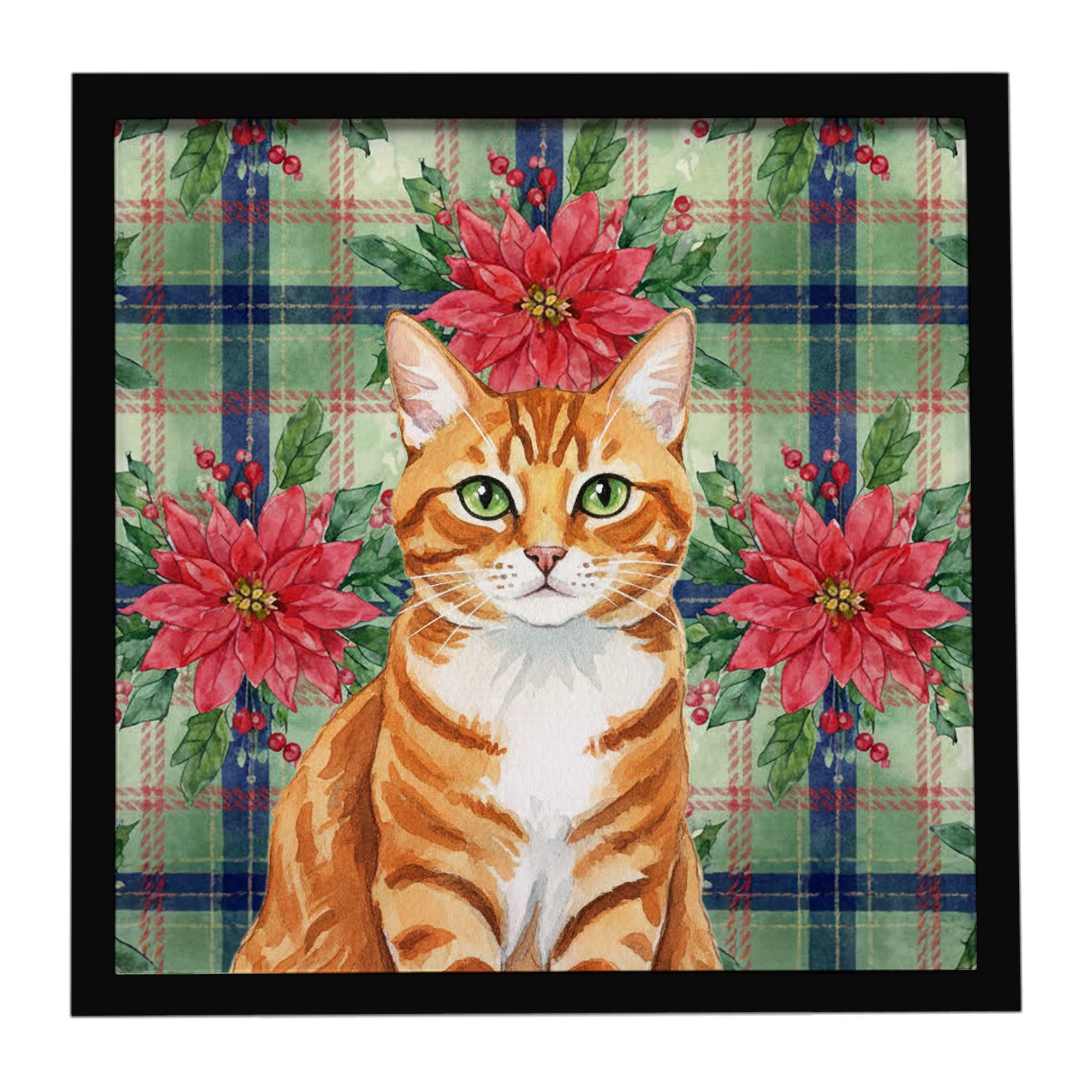 Orange Mackerel Tabby Cat with Poinsettias Framed Metal Print Bathroom, Kitchen, Office, Home Decor Wall Art Ready to Hang, Square, 8X8