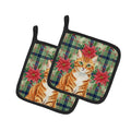 Orange Mackerel Tabby Cat with Poinsettias Pot Holder Set of 2 Heat Resistant Quilted Hot Pads 7.5 x 7.5 Inch, Insulated Kitchen Trivets for Cooking & Baking