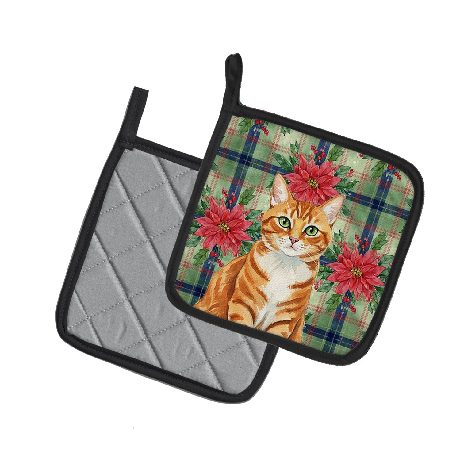 Orange Mackerel Tabby Cat with Poinsettias Pot Holder Set of 2 Heat Resistant Quilted Hot Pads 7.5 x 7.5 Inch, Insulated Kitchen Trivets for Cooking & Baking