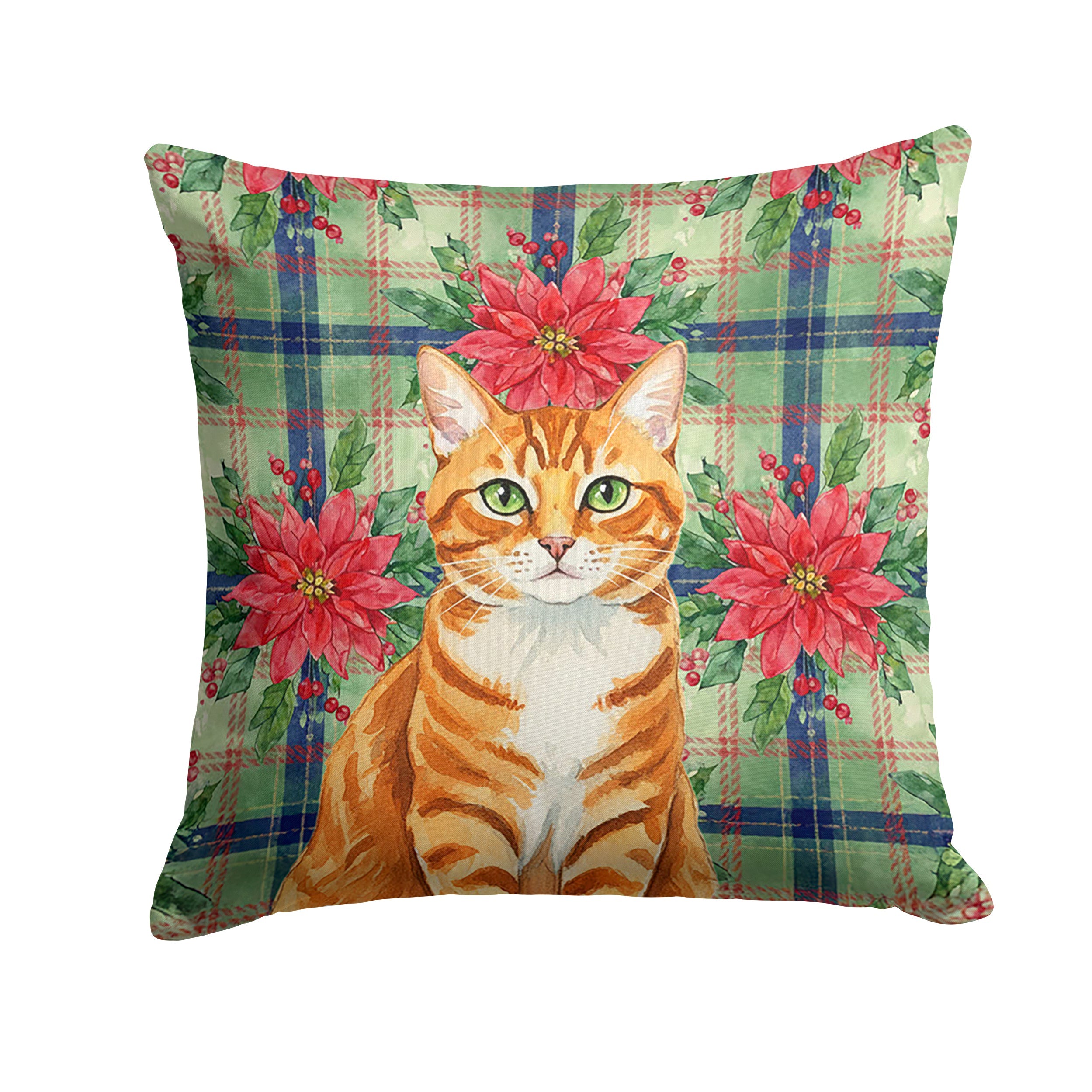 Orange Mackerel Tabby Cat with Poinsettias Decorative Throw Pillow 14x14 Indoor Outdoor Accent Cushion, Fabric Cover with Insert for Sofa, Bed, Porch & Living Room