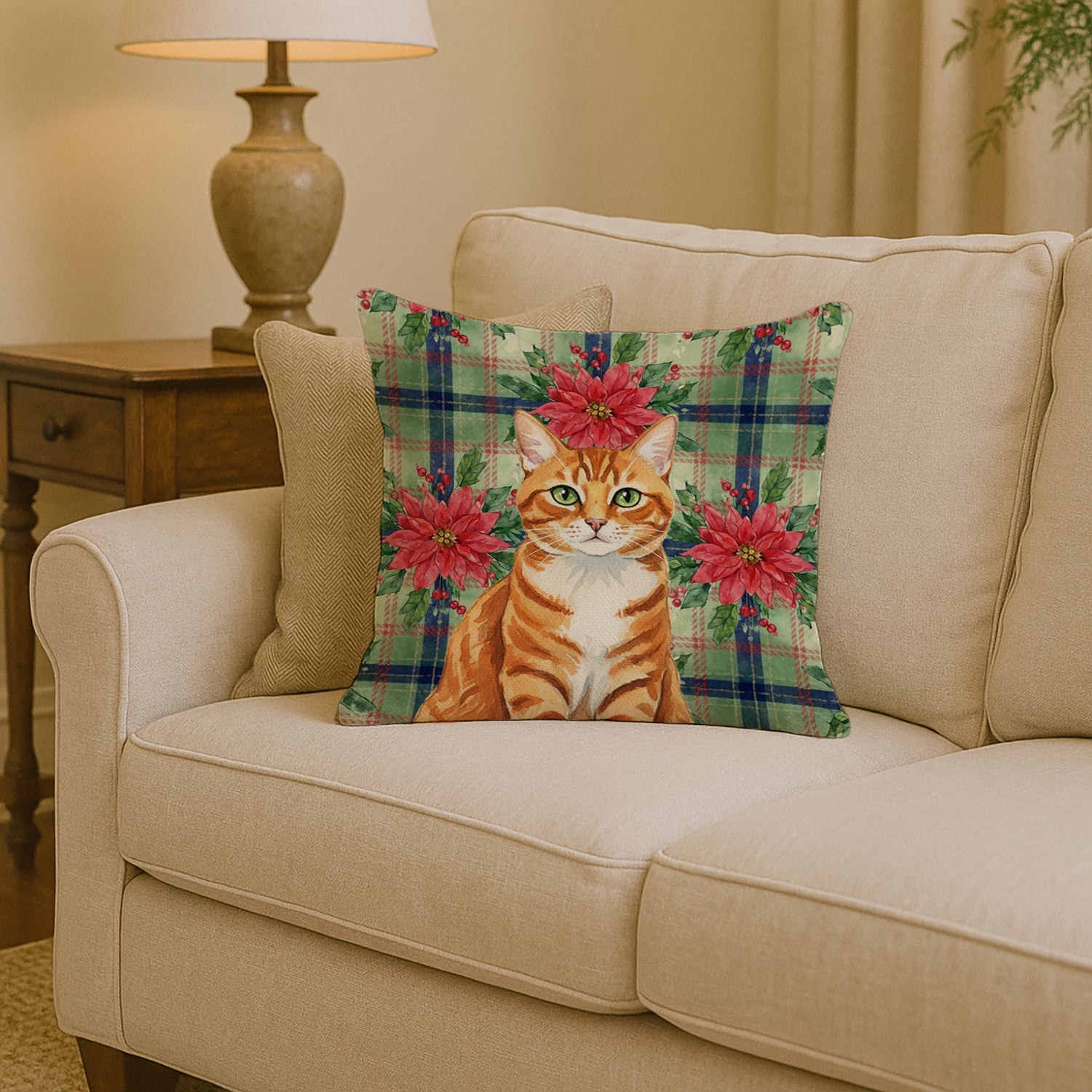Orange Mackerel Tabby Cat with Poinsettias Decorative Throw Pillow 14x14 Indoor Outdoor Accent Cushion, Fabric Cover with Insert for Sofa, Bed, Porch & Living Room