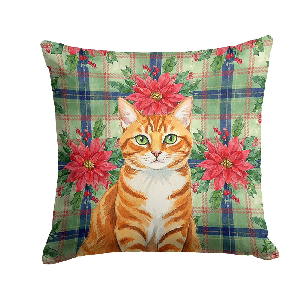 Orange Mackerel Tabby Cat with Poinsettias Decorative Throw Pillow 18x18 Indoor Outdoor Accent Cushion, Fabric Cover with Insert for Sofa, Bed, Porch & Living Room