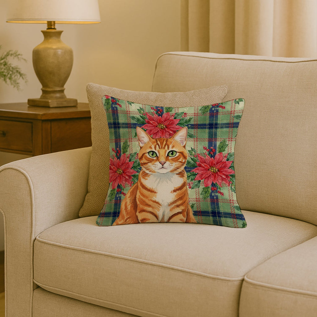 Orange Mackerel Tabby Cat with Poinsettias Decorative Throw Pillow 18x18 Indoor Outdoor Accent Cushion, Fabric Cover with Insert for Sofa, Bed, Porch & Living Room