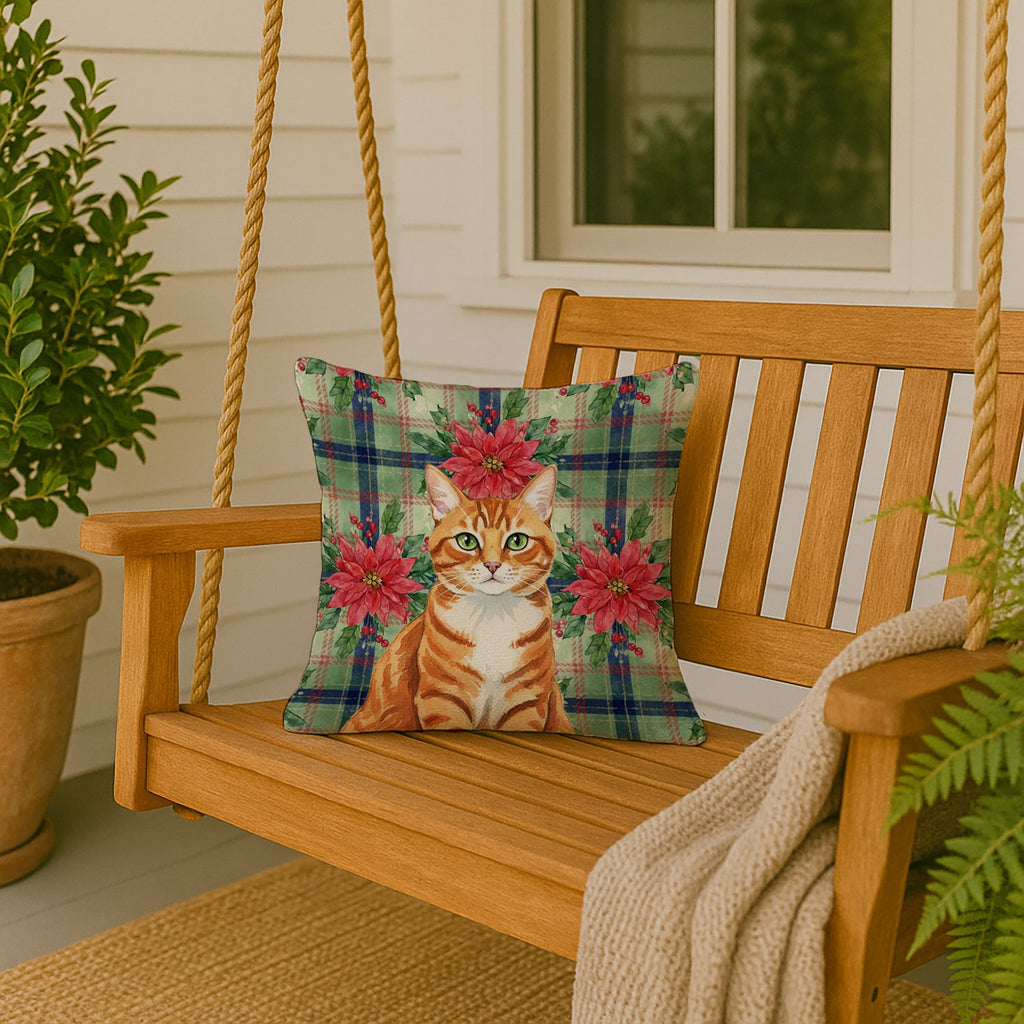 Orange Mackerel Tabby Cat with Poinsettias Decorative Throw Pillow 18x18 Indoor Outdoor Accent Cushion, Fabric Cover with Insert for Sofa, Bed, Porch & Living Room