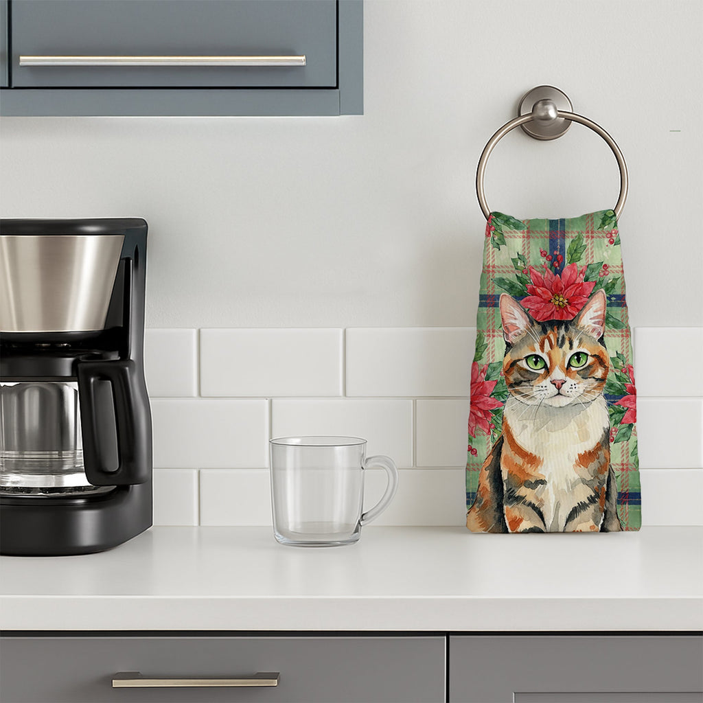 Patched Tabby Cat with Poinsettias Kitchen Towel Velour Plush Front and Cotton Loop Back Machine Washable