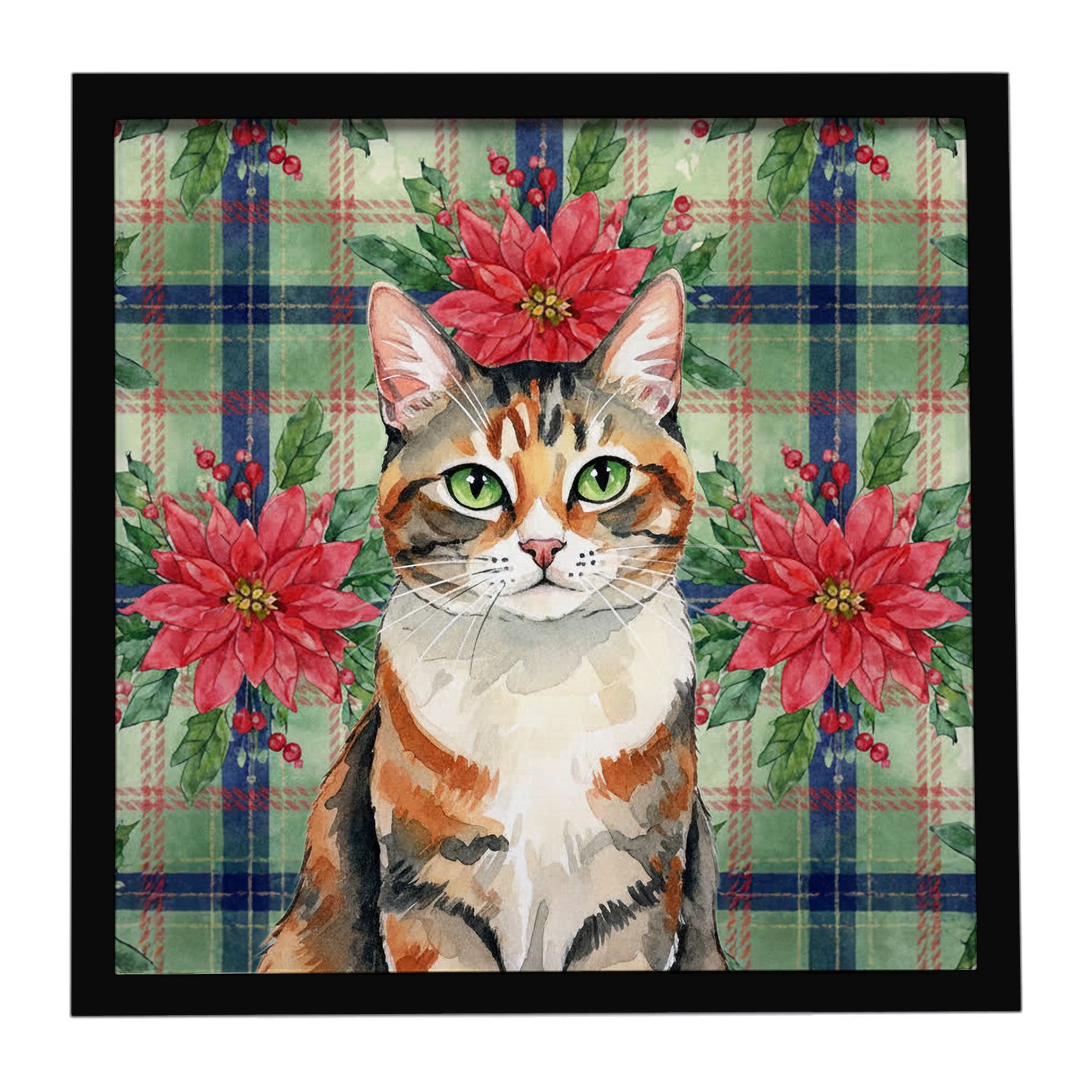 Patched Tabby Cat with Poinsettias Framed Metal Print Bathroom, Kitchen, Office, Home Decor Wall Art Ready to Hang, Square, 8X8
