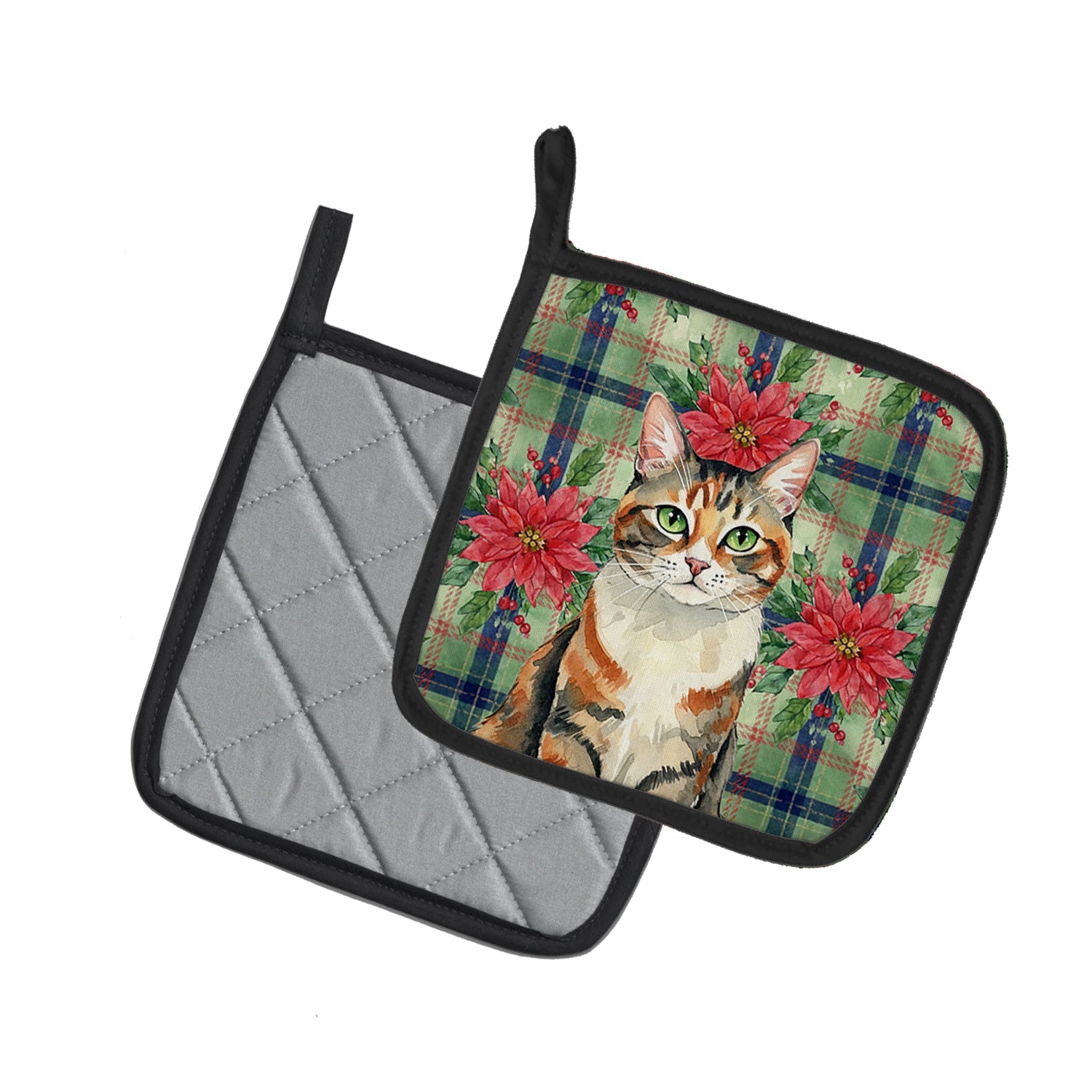 Patched Tabby Cat with Poinsettias Pot Holder Set of 2 Heat Resistant Quilted Hot Pads 7.5 x 7.5 Inch, Insulated Kitchen Trivets for Cooking & Baking