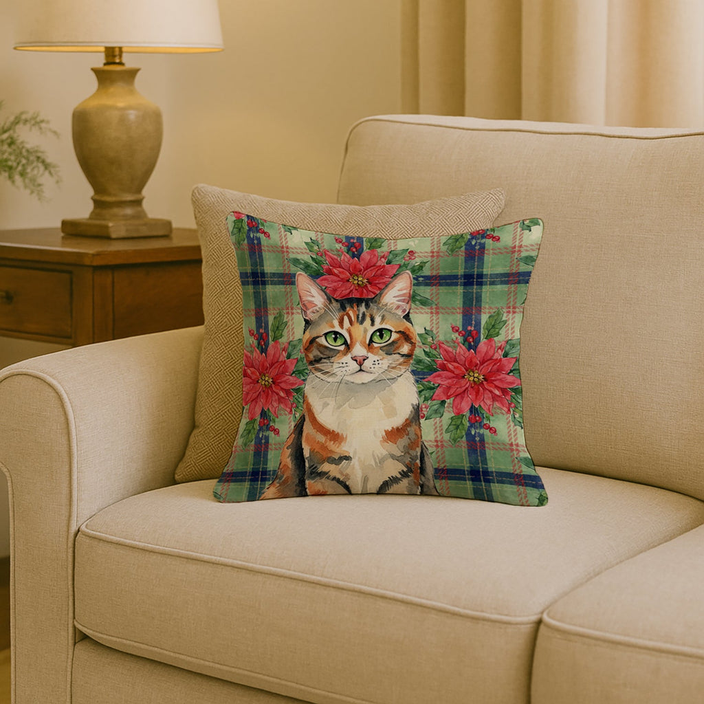 Patched Tabby Cat with Poinsettias Decorative Throw Pillow 18x18 Indoor Outdoor Accent Cushion, Fabric Cover with Insert for Sofa, Bed, Porch & Living Room