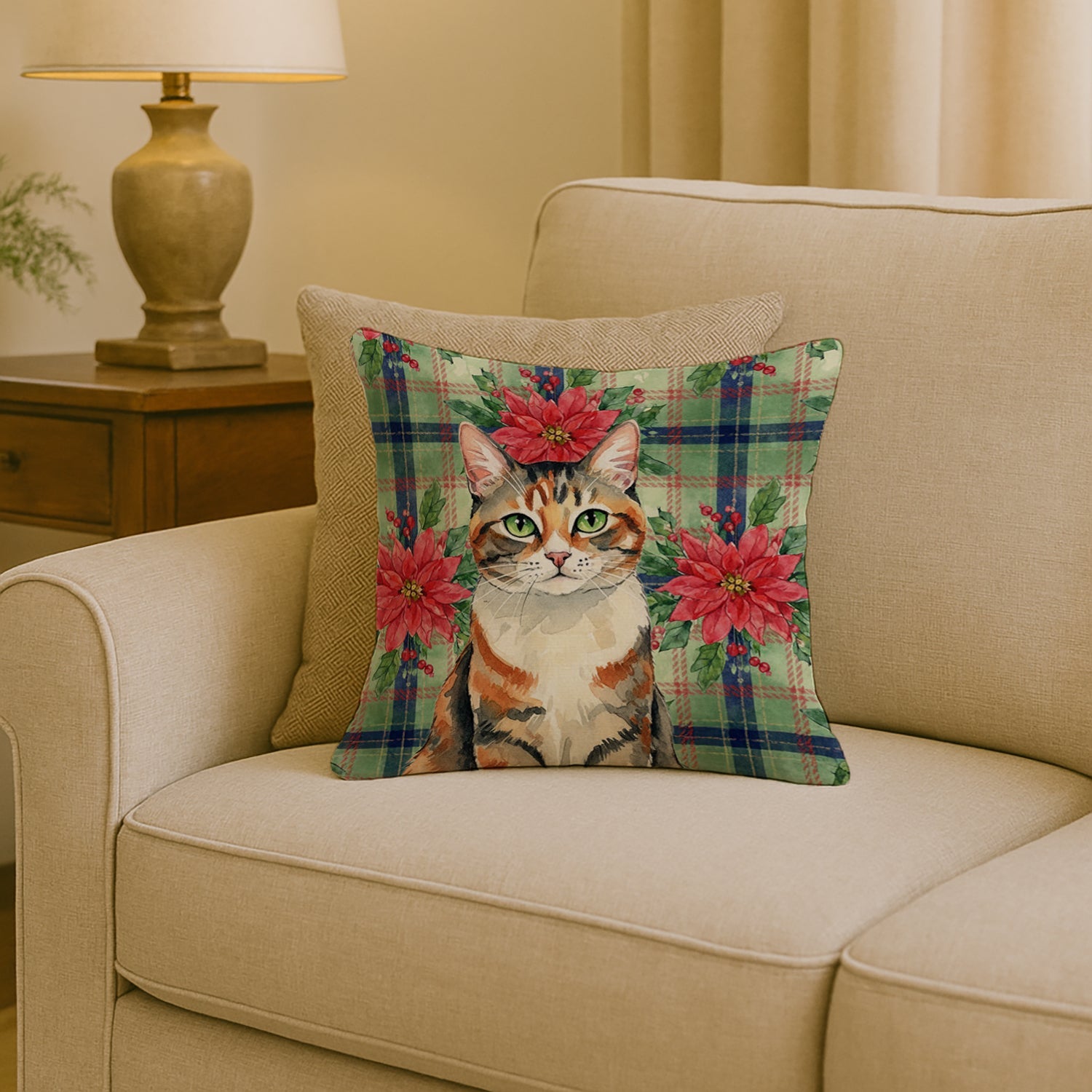 Patched Tabby Cat with Poinsettias Decorative Throw Pillow 18x18 Indoor Outdoor Accent Cushion, Fabric Cover with Insert for Sofa, Bed, Porch & Living Room