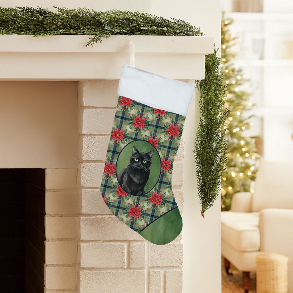 Persian Black Cat with Poinsettias Holiday Stocking Double-Sided Print, Polyester Suede,11x18, Made in USA