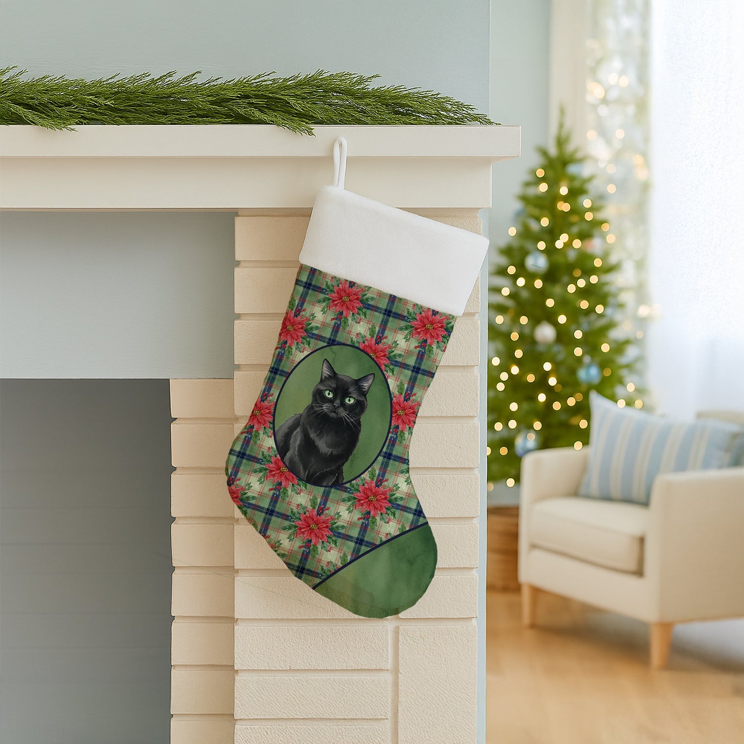 Persian Black Cat with Poinsettias Holiday Stocking Double-Sided Print, Polyester Suede,11x18, Made in USA