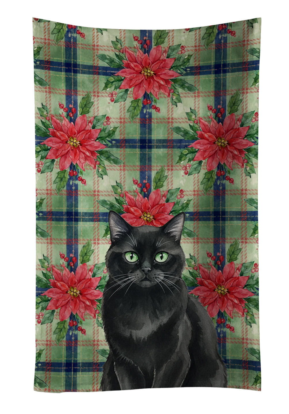 Persian Black Cat with Poinsettias Kitchen Towel Velour Plush Front and Cotton Loop Back Machine Washable