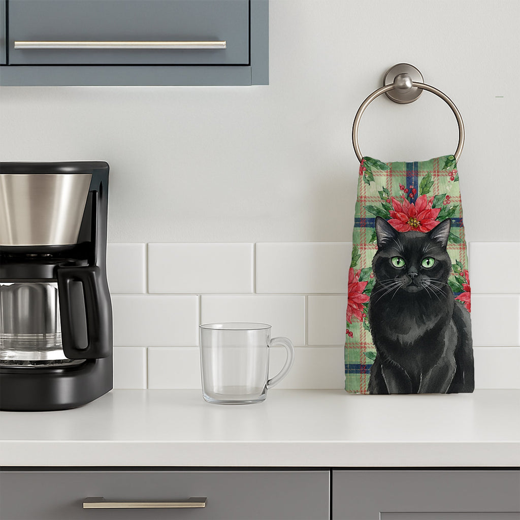 Persian Black Cat with Poinsettias Kitchen Towel Velour Plush Front and Cotton Loop Back Machine Washable