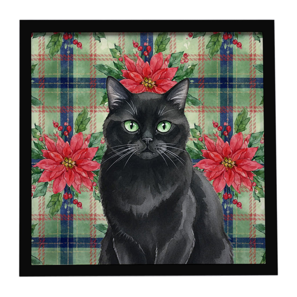 Persian Black Cat with Poinsettias Framed Metal Print Bathroom, Kitchen, Office, Home Decor Wall Art Ready to Hang, Square, 8X8