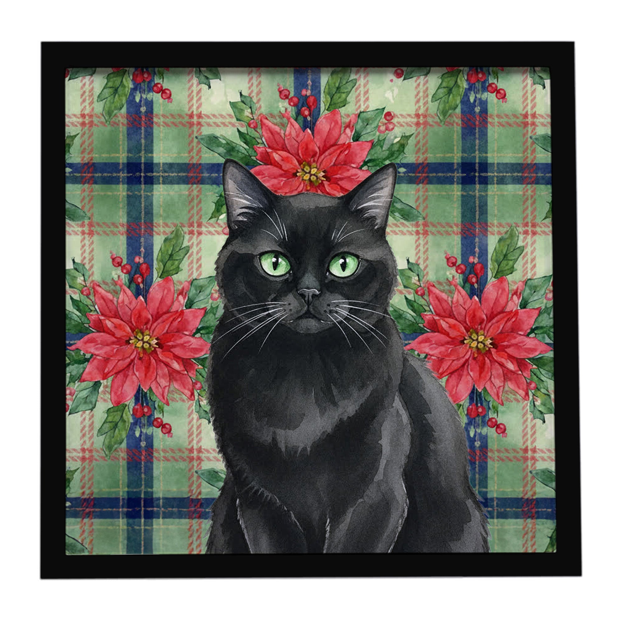 Persian Black Cat with Poinsettias Framed Metal Print Bathroom, Kitchen, Office, Home Decor Wall Art Ready to Hang, Square, 8X8