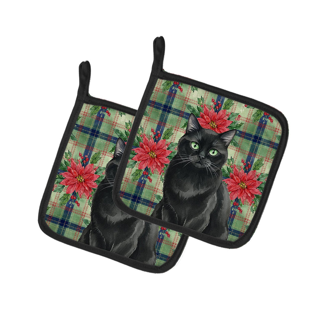 Persian Black Cat with Poinsettias Pot Holder Set of 2 Heat Resistant Quilted Hot Pads 7.5 x 7.5 Inch, Insulated Kitchen Trivets for Cooking & Baking