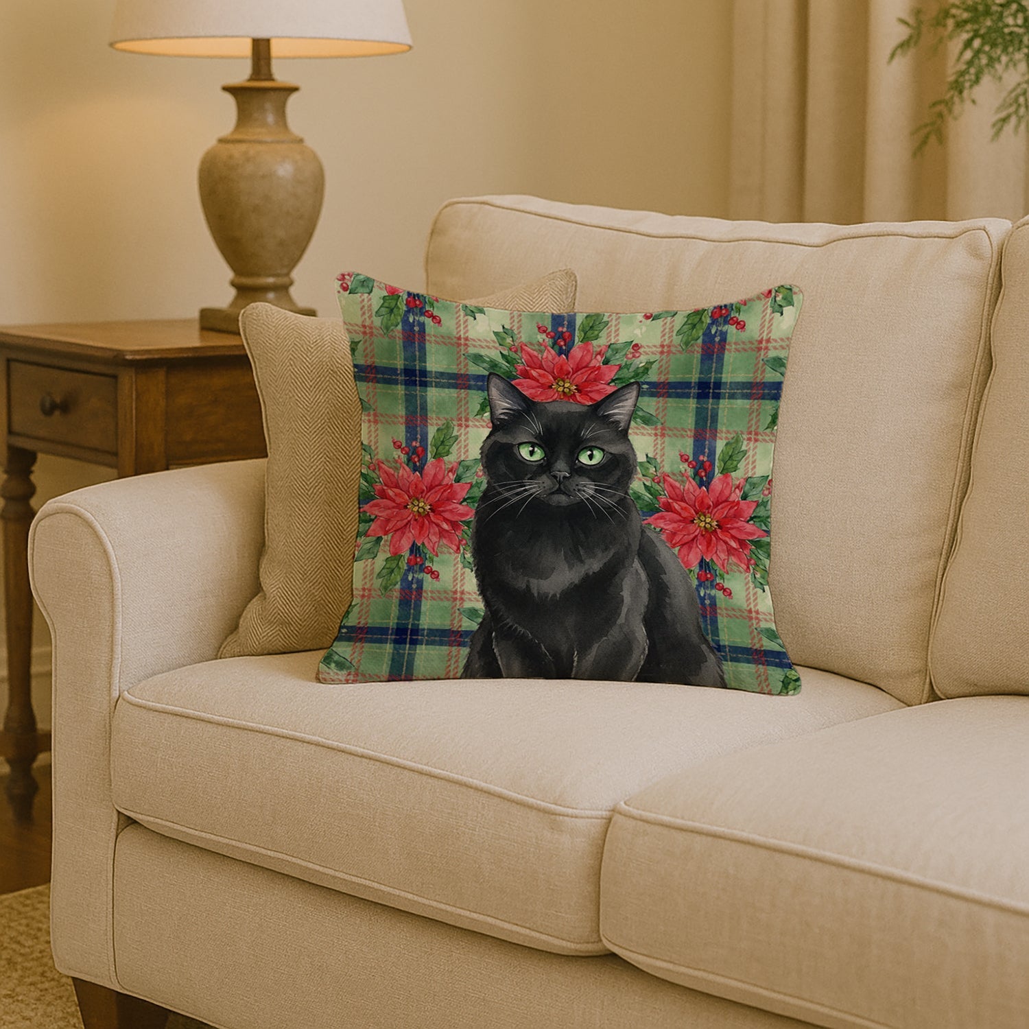 Persian Black Cat with Poinsettias Decorative Throw Pillow 14x14 Indoor Outdoor Accent Cushion, Fabric Cover with Insert for Sofa, Bed, Porch & Living Room