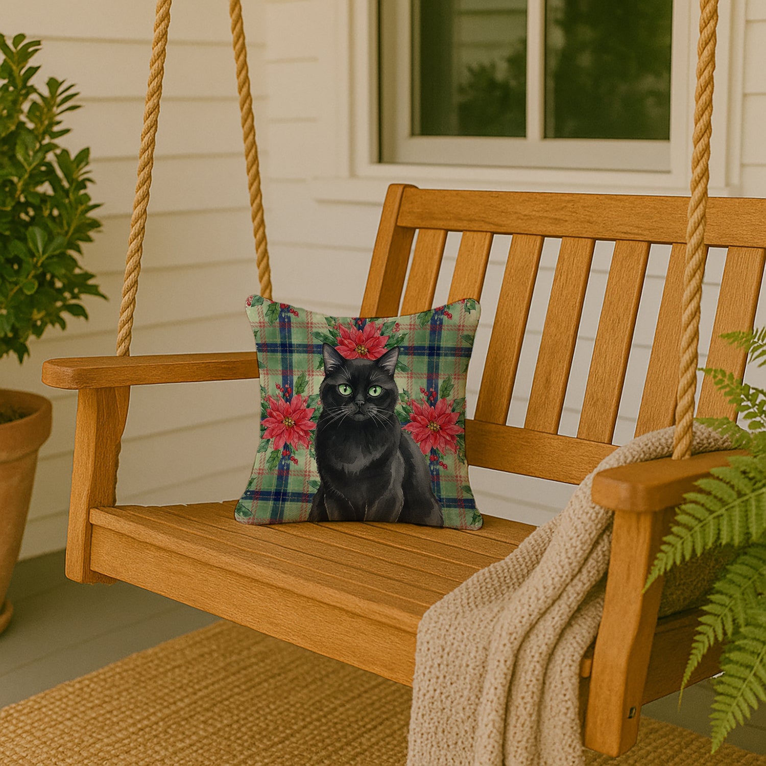 Persian Black Cat with Poinsettias Decorative Throw Pillow 14x14 Indoor Outdoor Accent Cushion, Fabric Cover with Insert for Sofa, Bed, Porch & Living Room