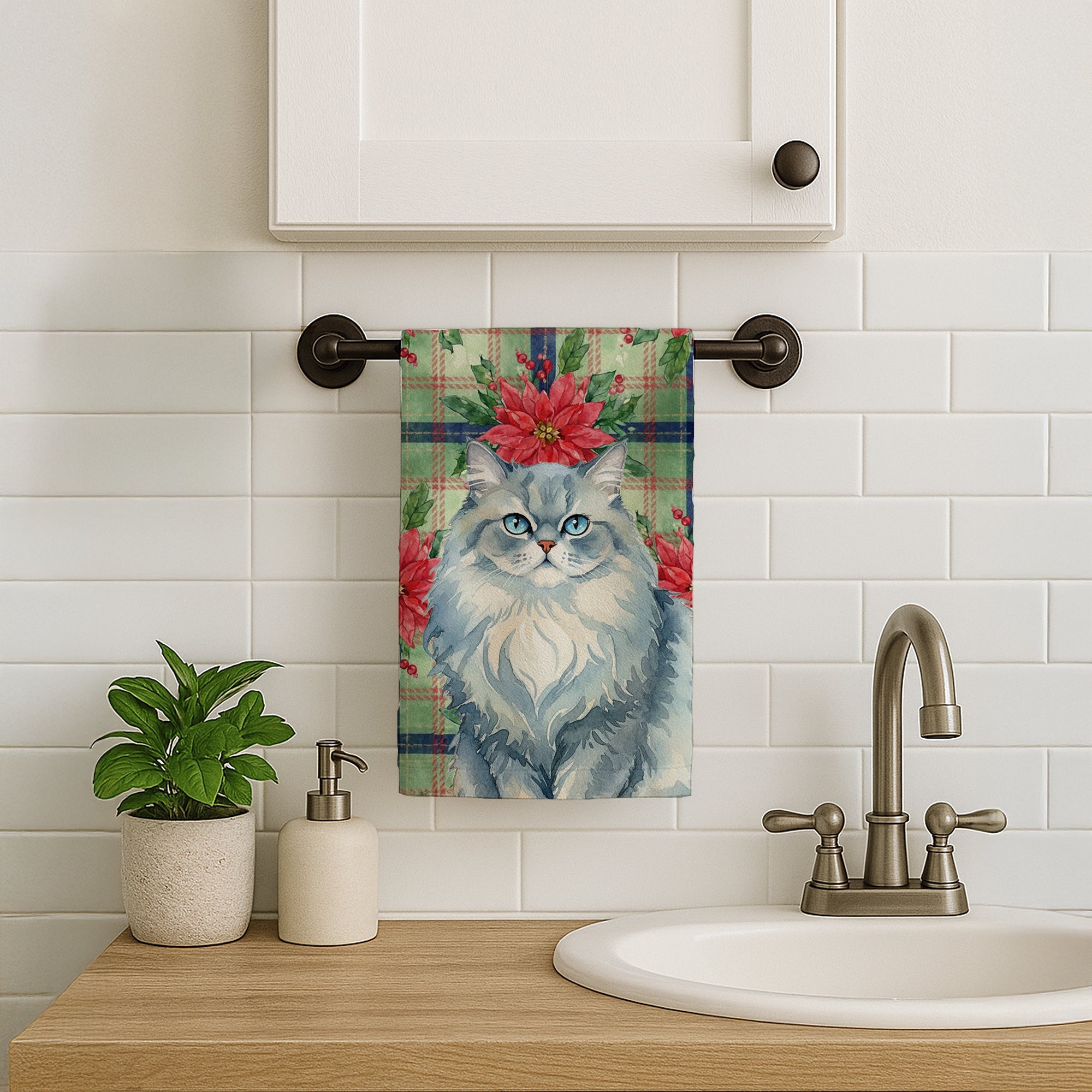 Persian Blue Cat with Poinsettias Kitchen Towel Velour Plush Front and Cotton Loop Back Machine Washable