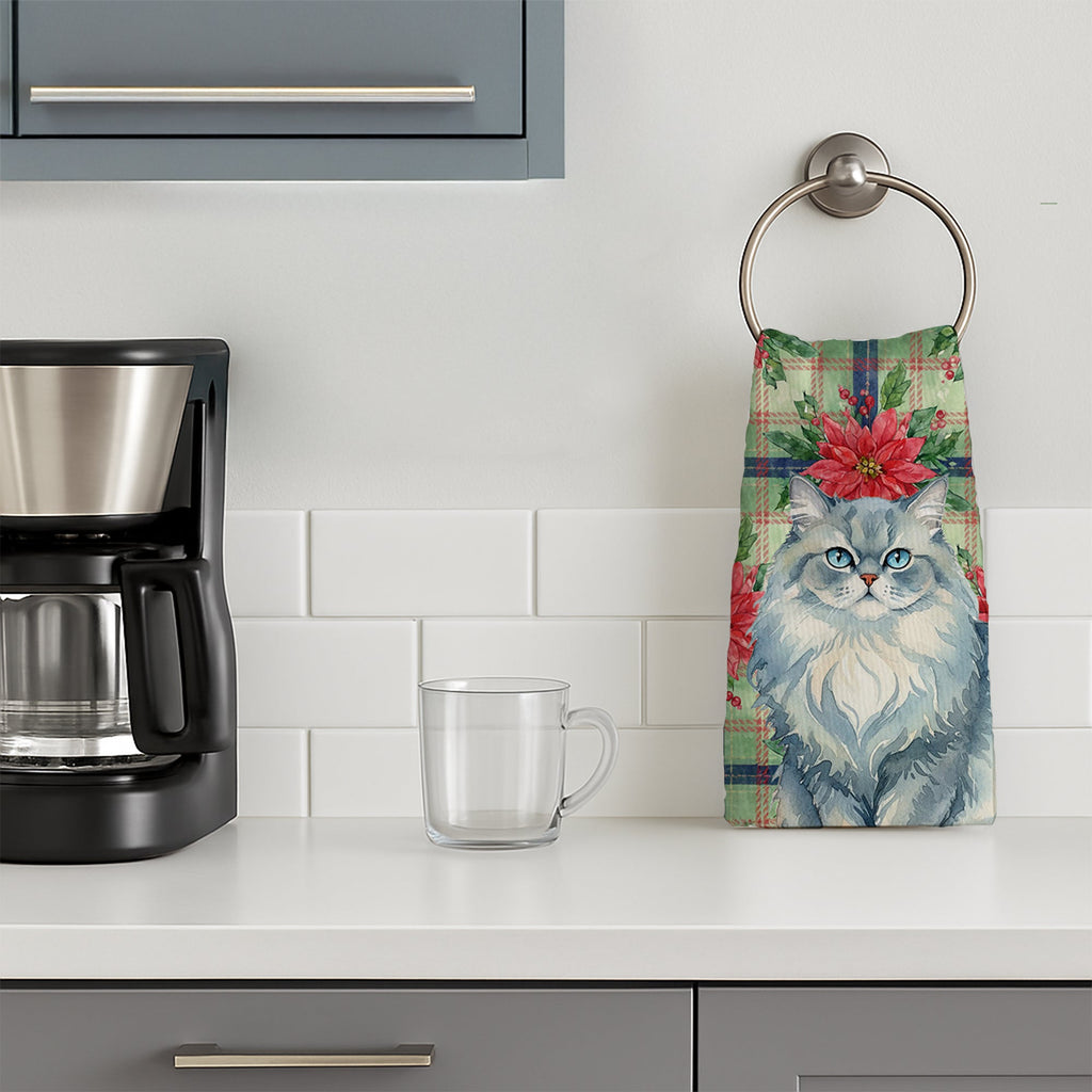 Persian Blue Cat with Poinsettias Kitchen Towel Velour Plush Front and Cotton Loop Back Machine Washable