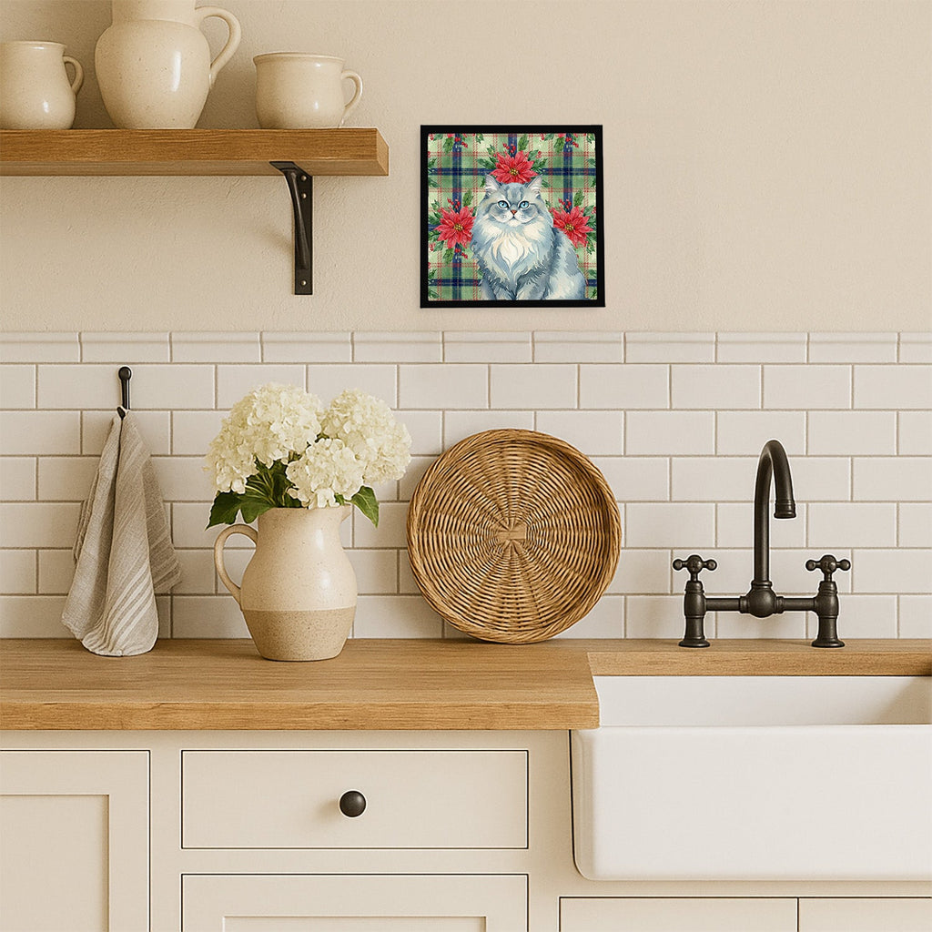 Persian Blue Cat with Poinsettias Framed Metal Print Bathroom, Kitchen, Office, Home Decor Wall Art Ready to Hang, Square, 8X8